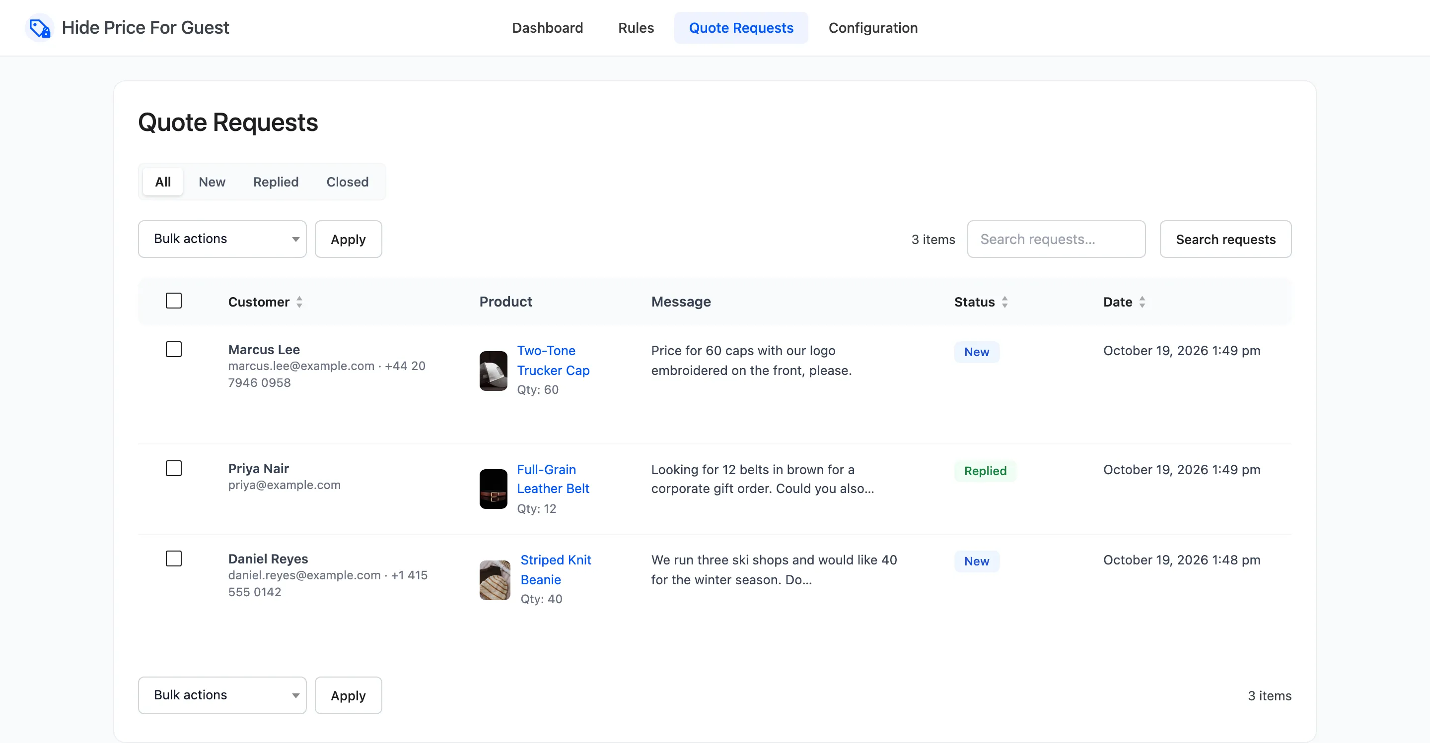 The Quote Requests list with three requests