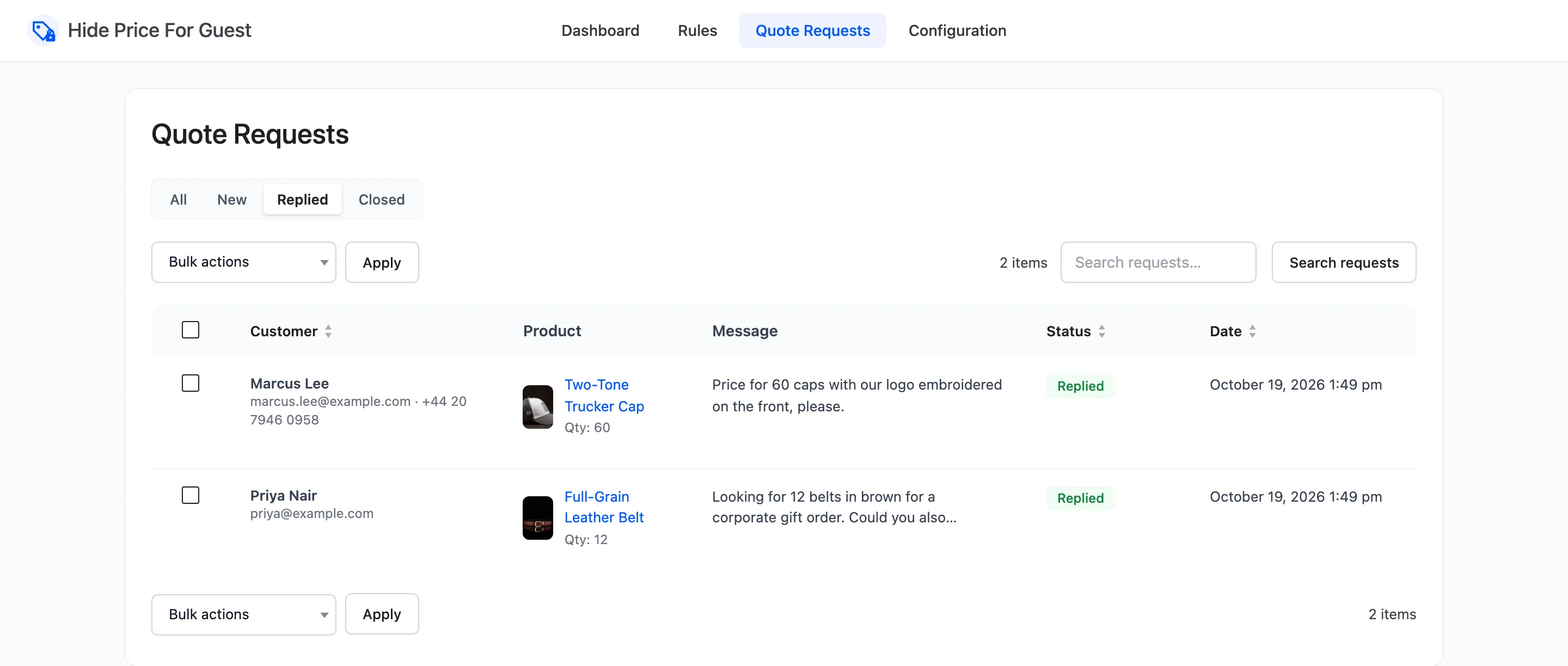 The Replied tab after marking a request
