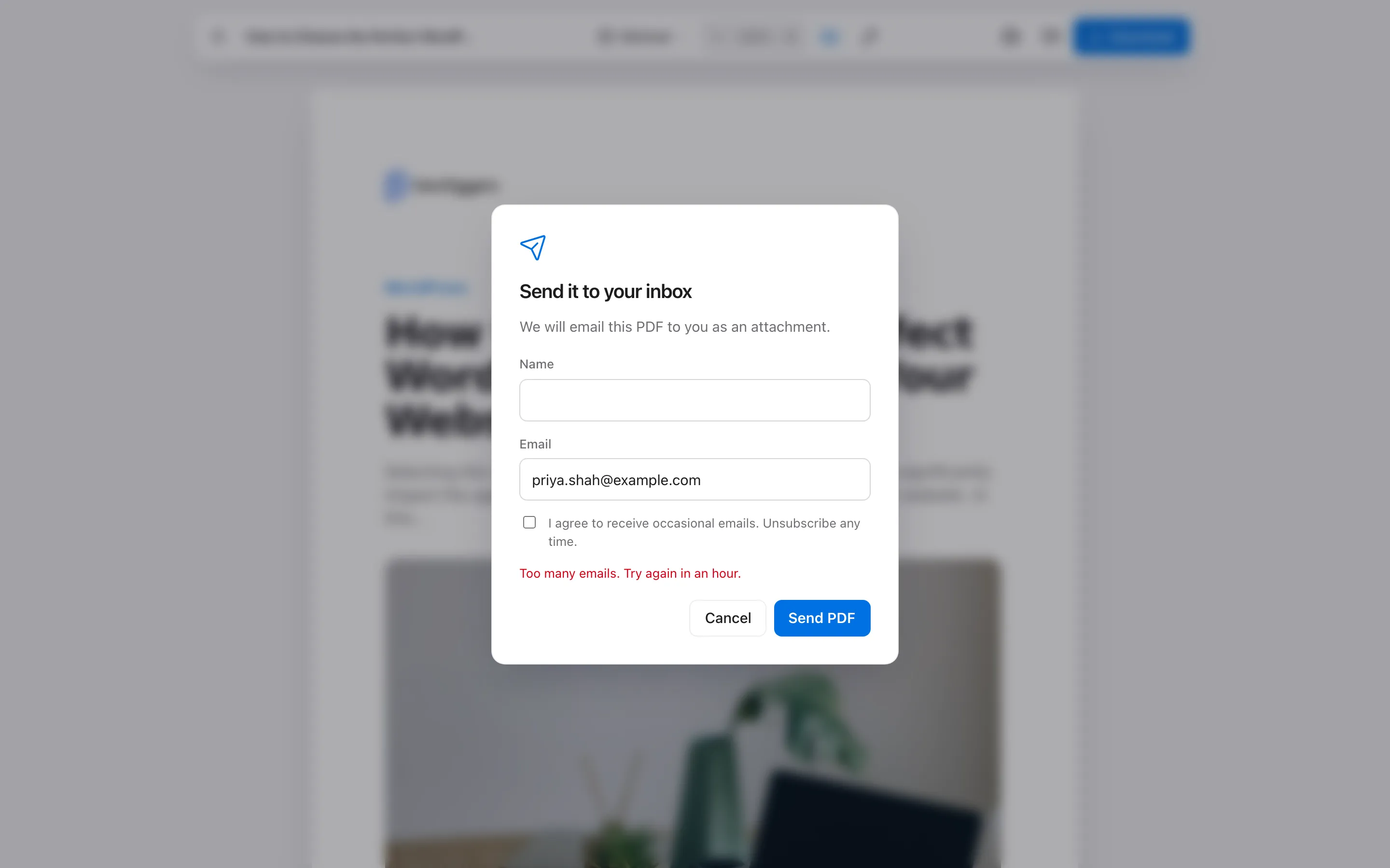 The limit message in the email form