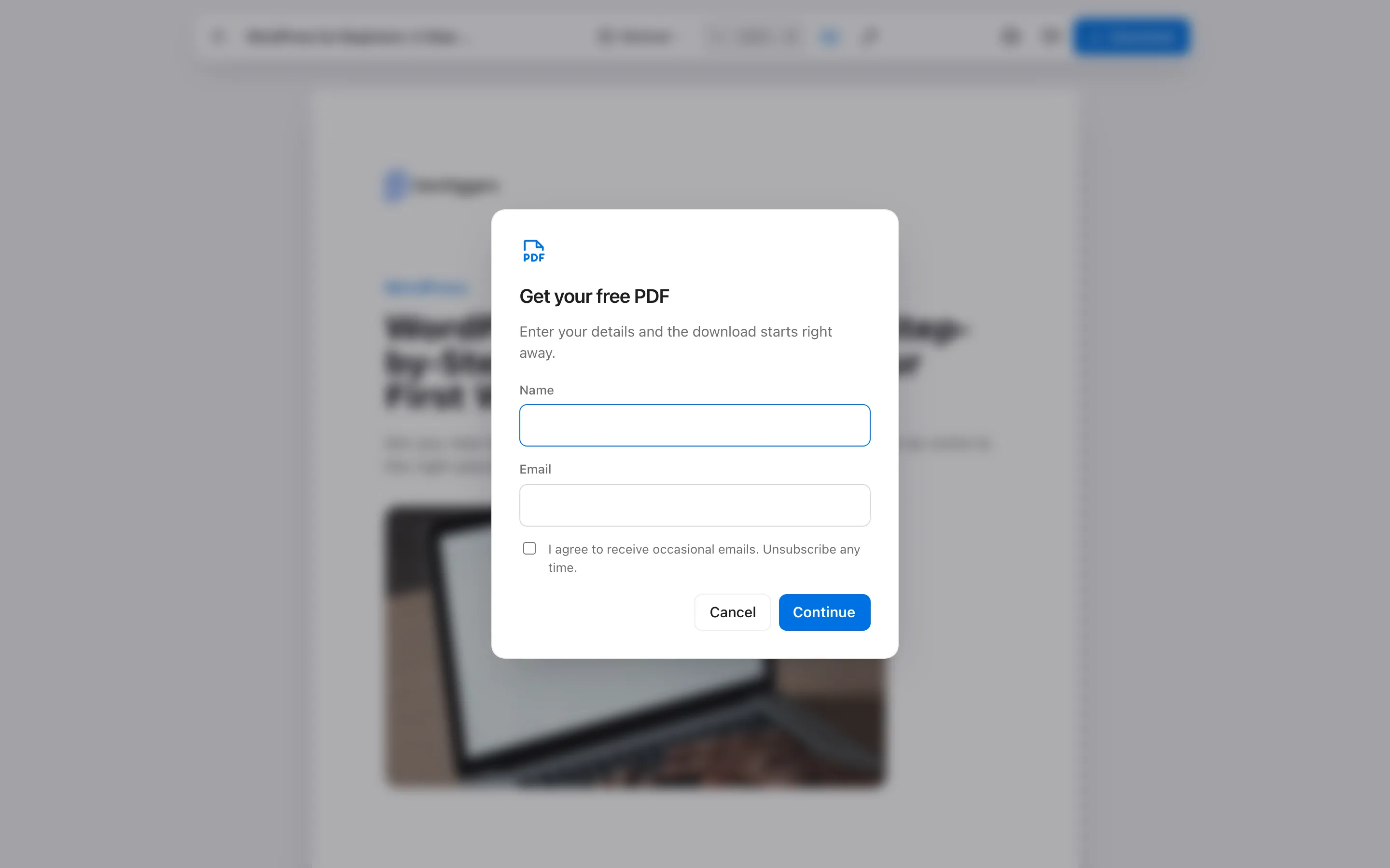 The lead form a guest sees before the download