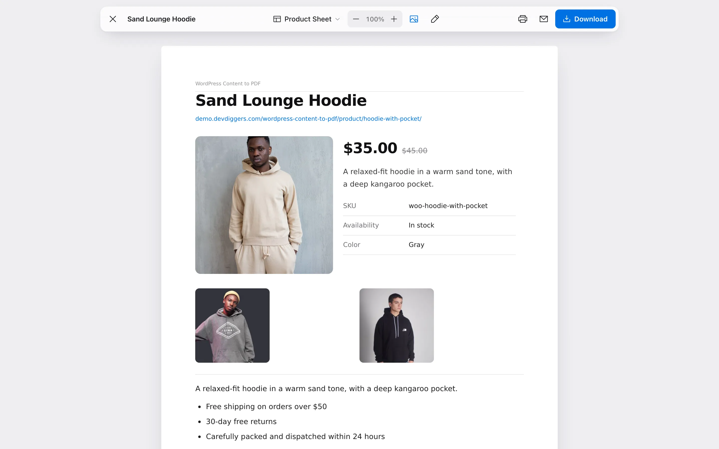 The product sheet in the reader