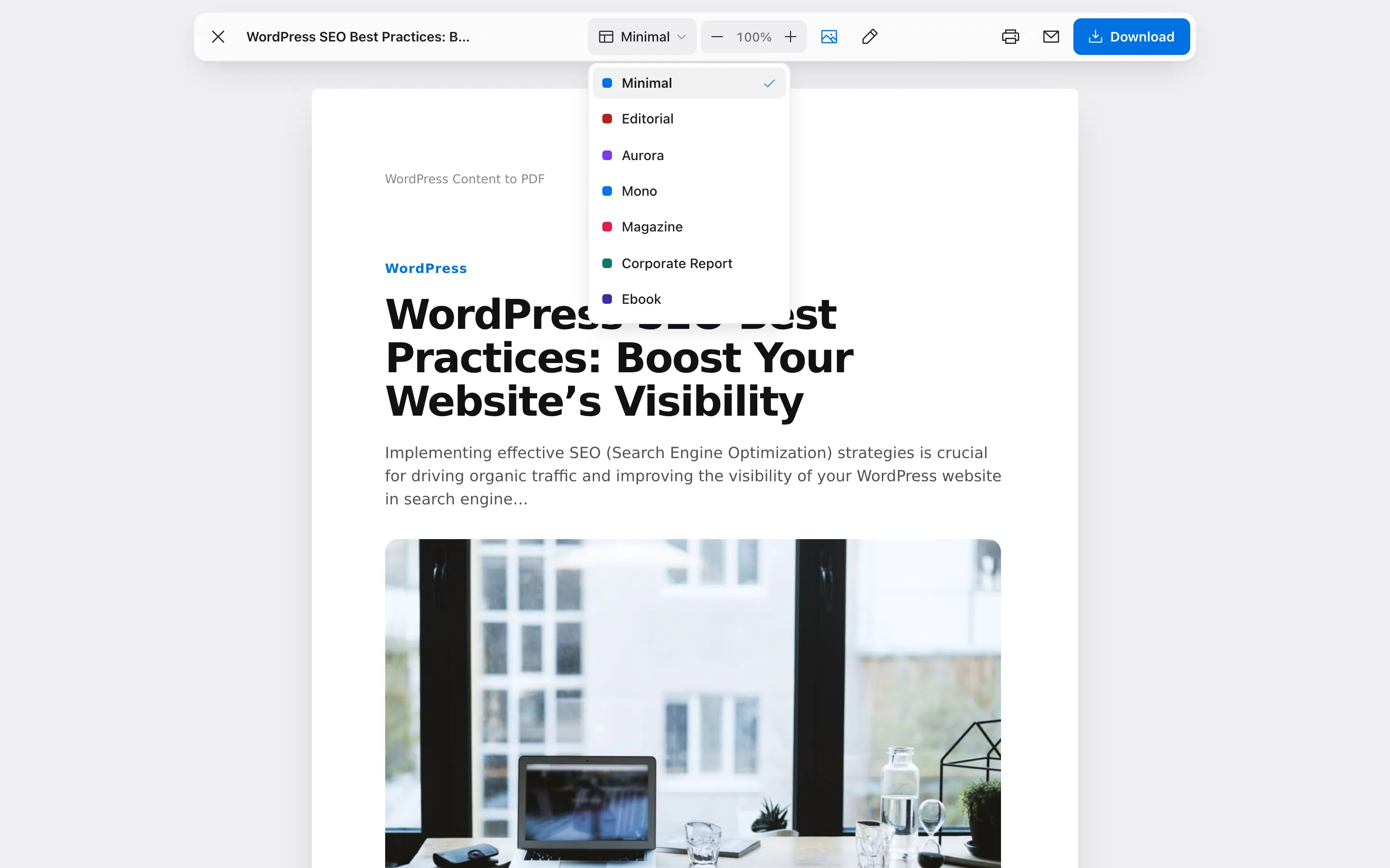 The template menu open in the reader