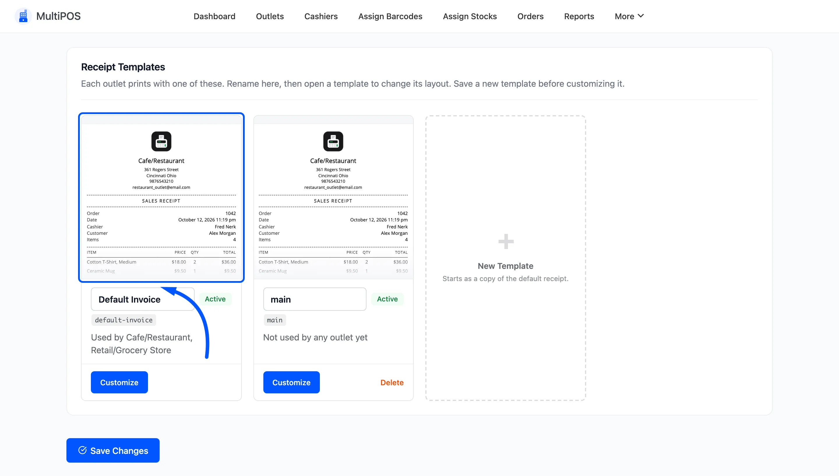 The Customize button on a receipt template card
