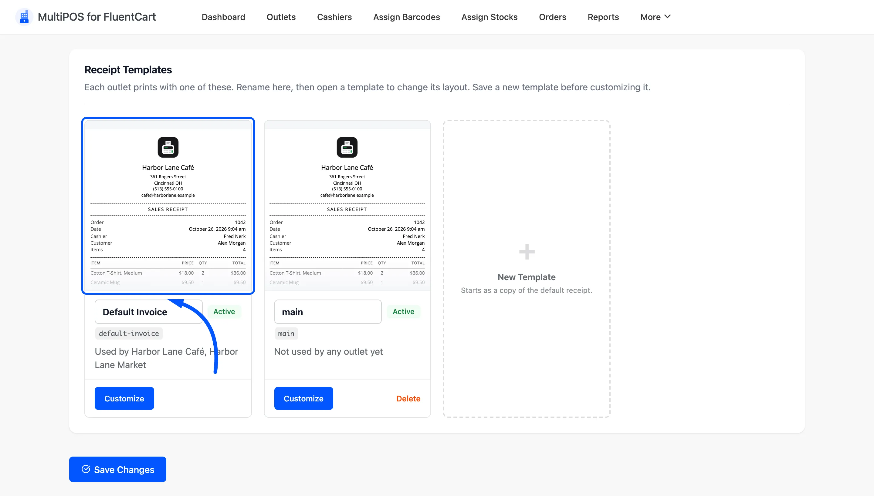 The Customize button on a receipt template card