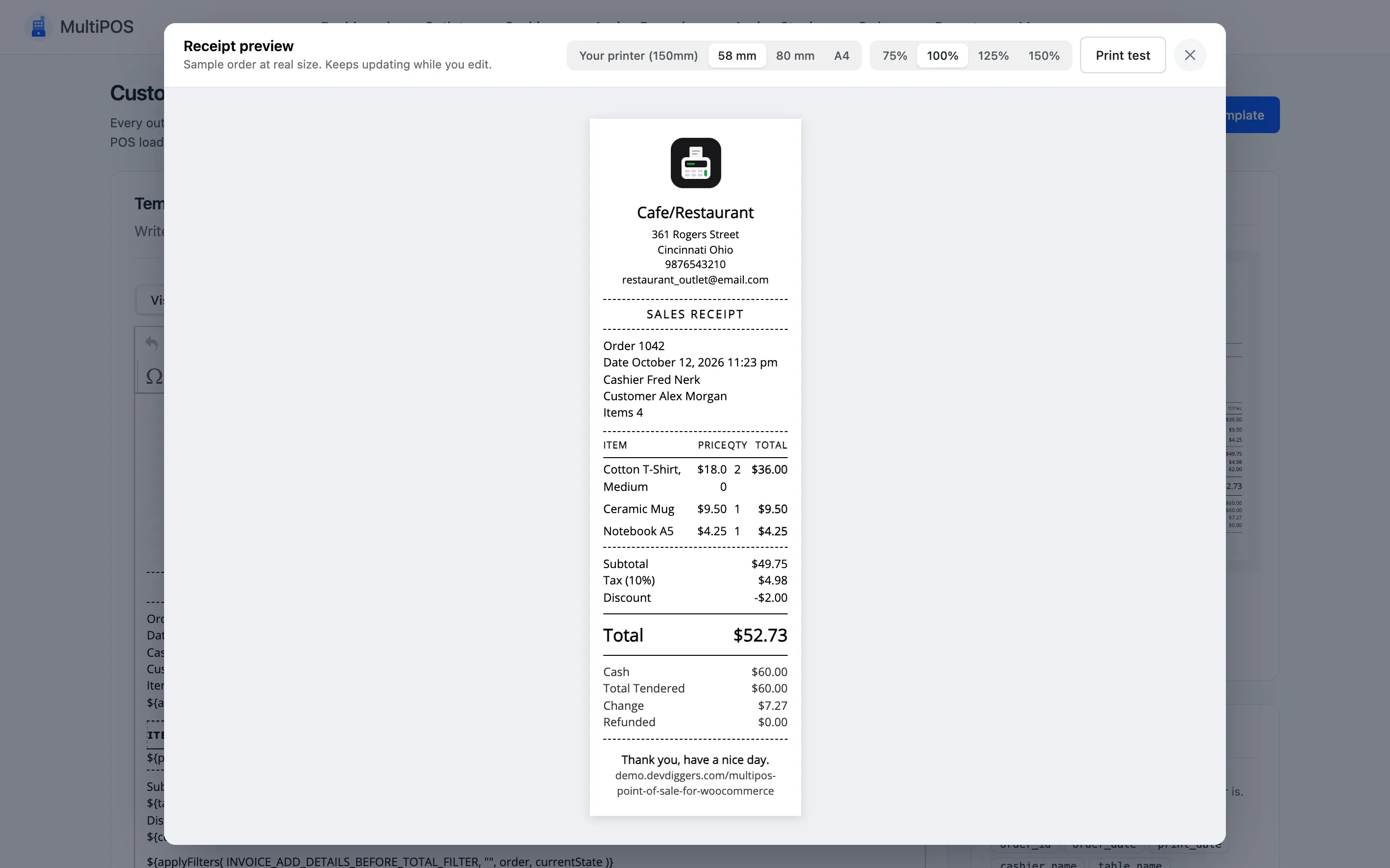 The same receipt preview switched to 58 mm