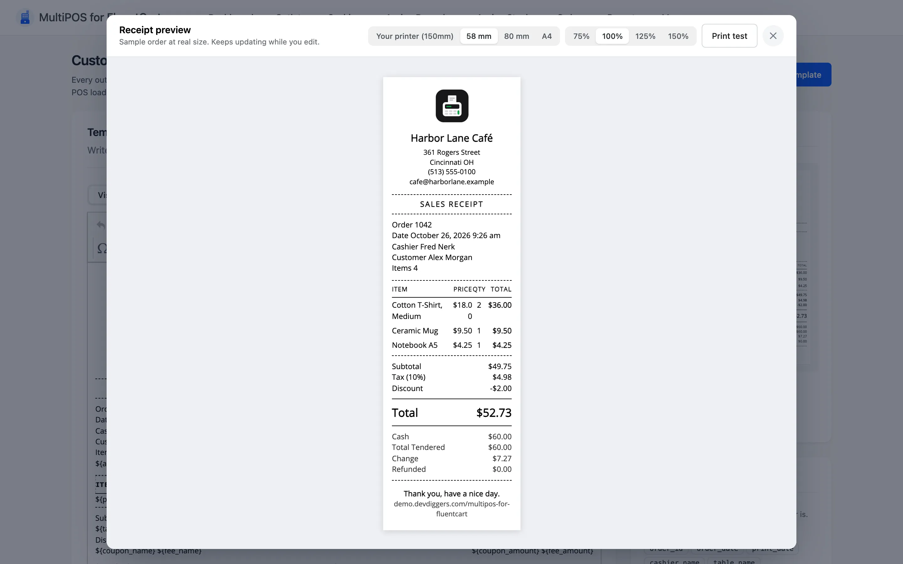 The same receipt preview switched to 58 mm
