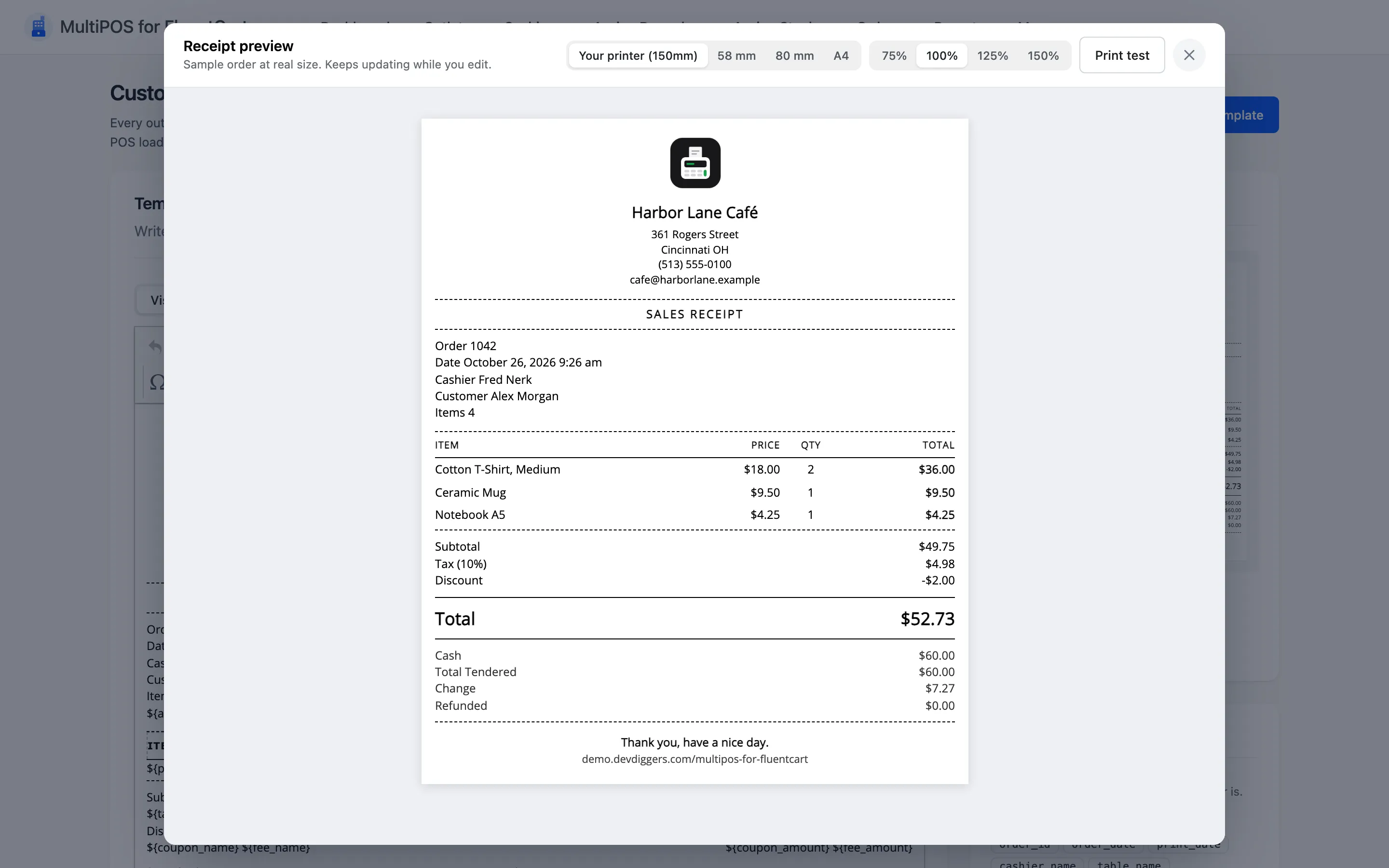 The Receipt preview dialog with the sample receipt at the printer’s own width