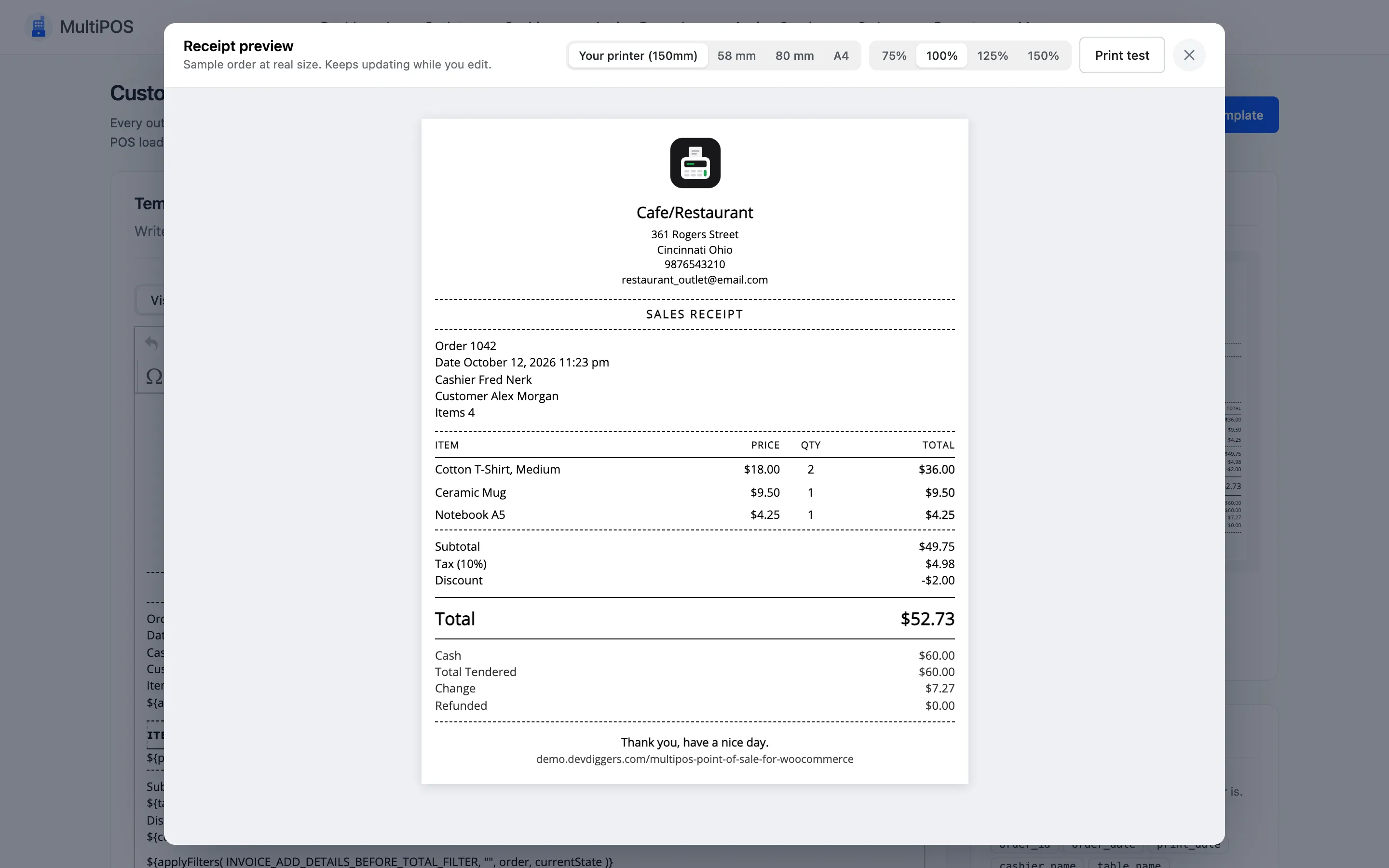 The Receipt preview dialog with the sample receipt at the printer’s own width