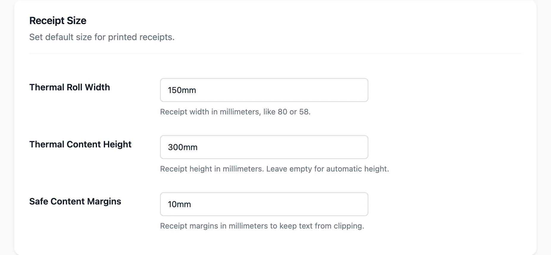 The Receipt Size section with width, height and margin fields