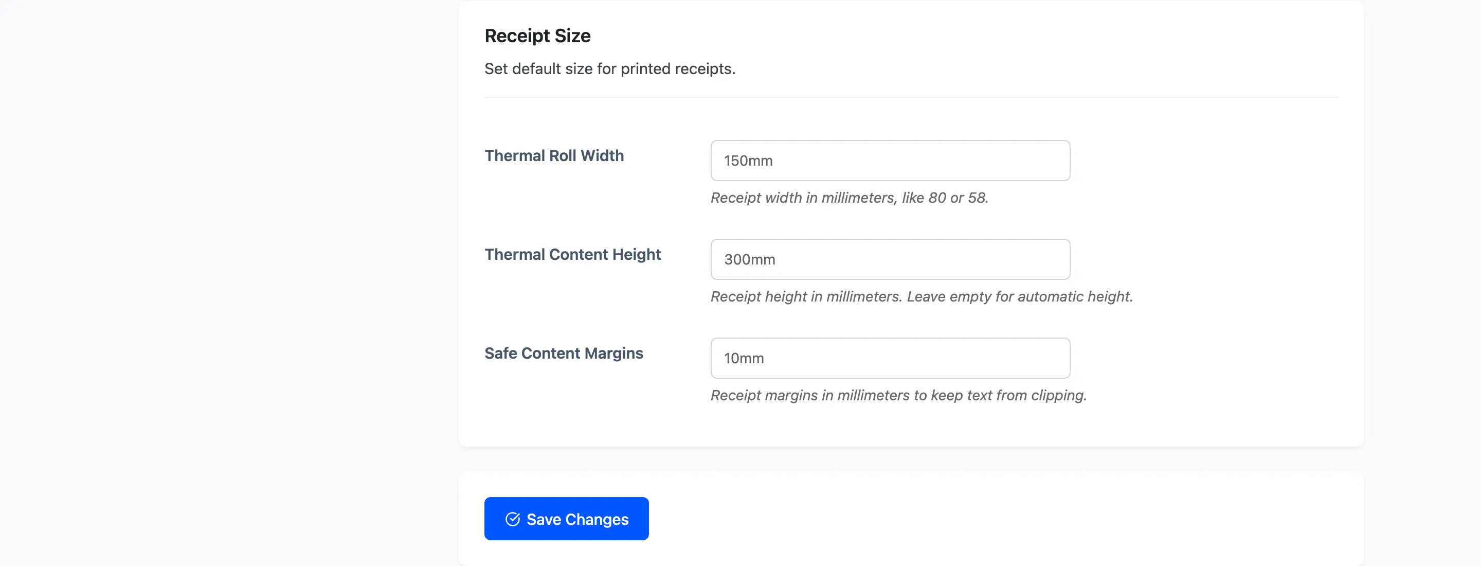 The Receipt Size section with width, height and margin fields