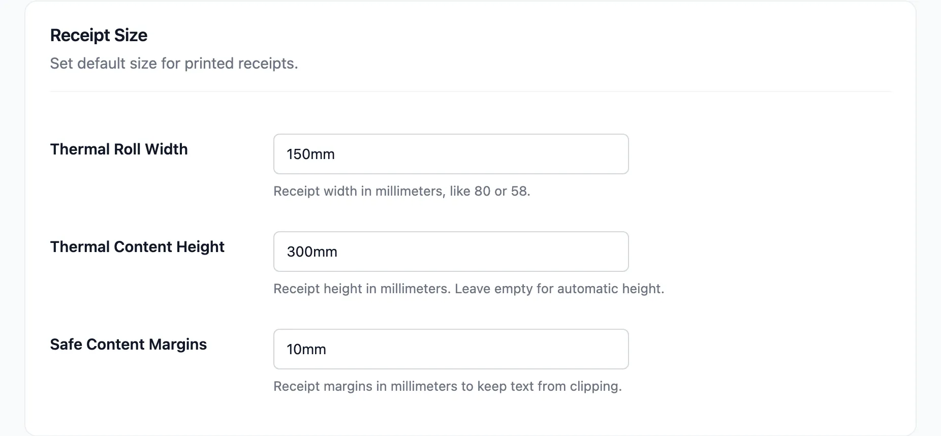 The Receipt Size section with width, height and margin fields