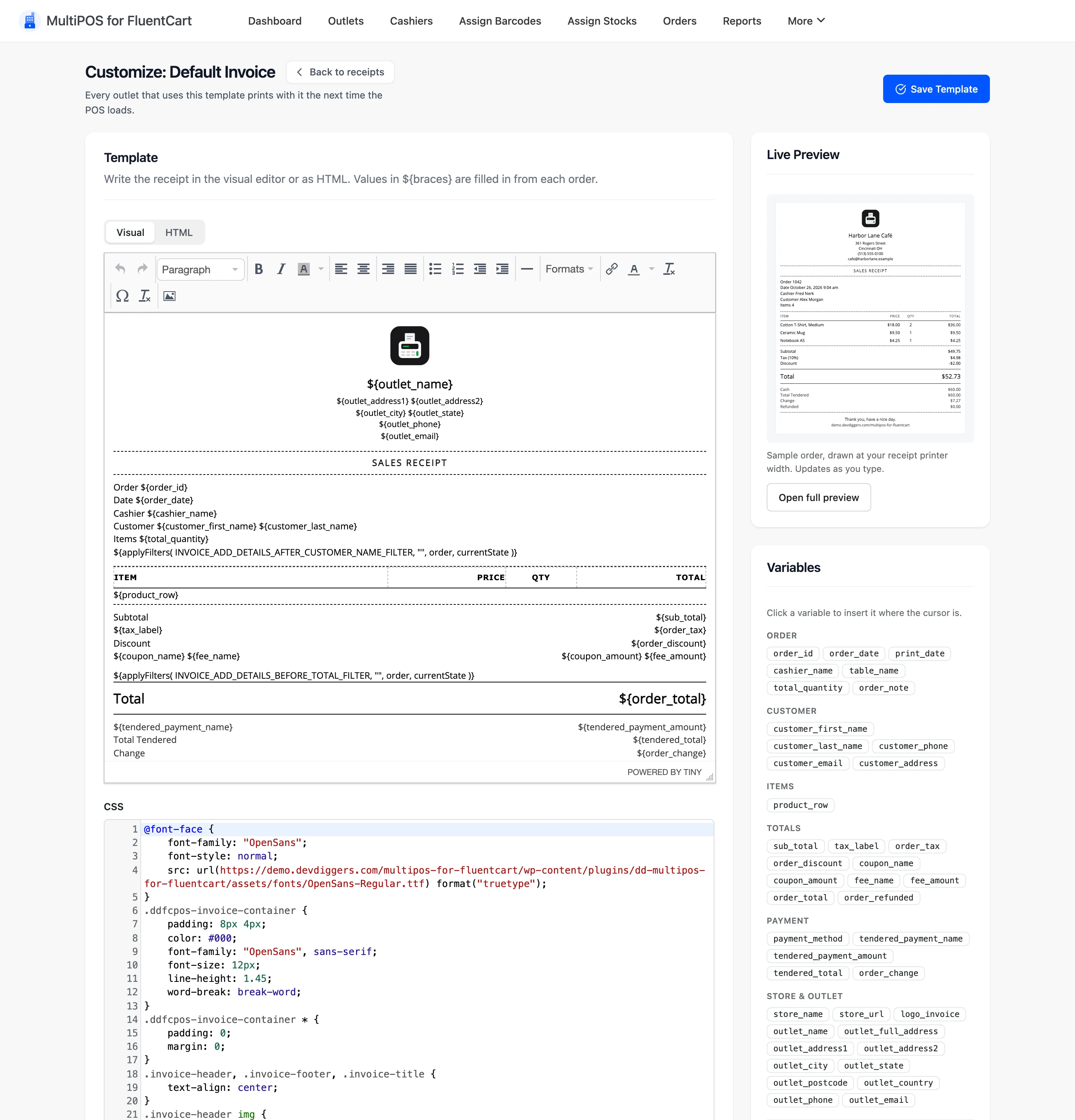 The template editor with the visual editor, the CSS box, the Live Preview and the Variables list