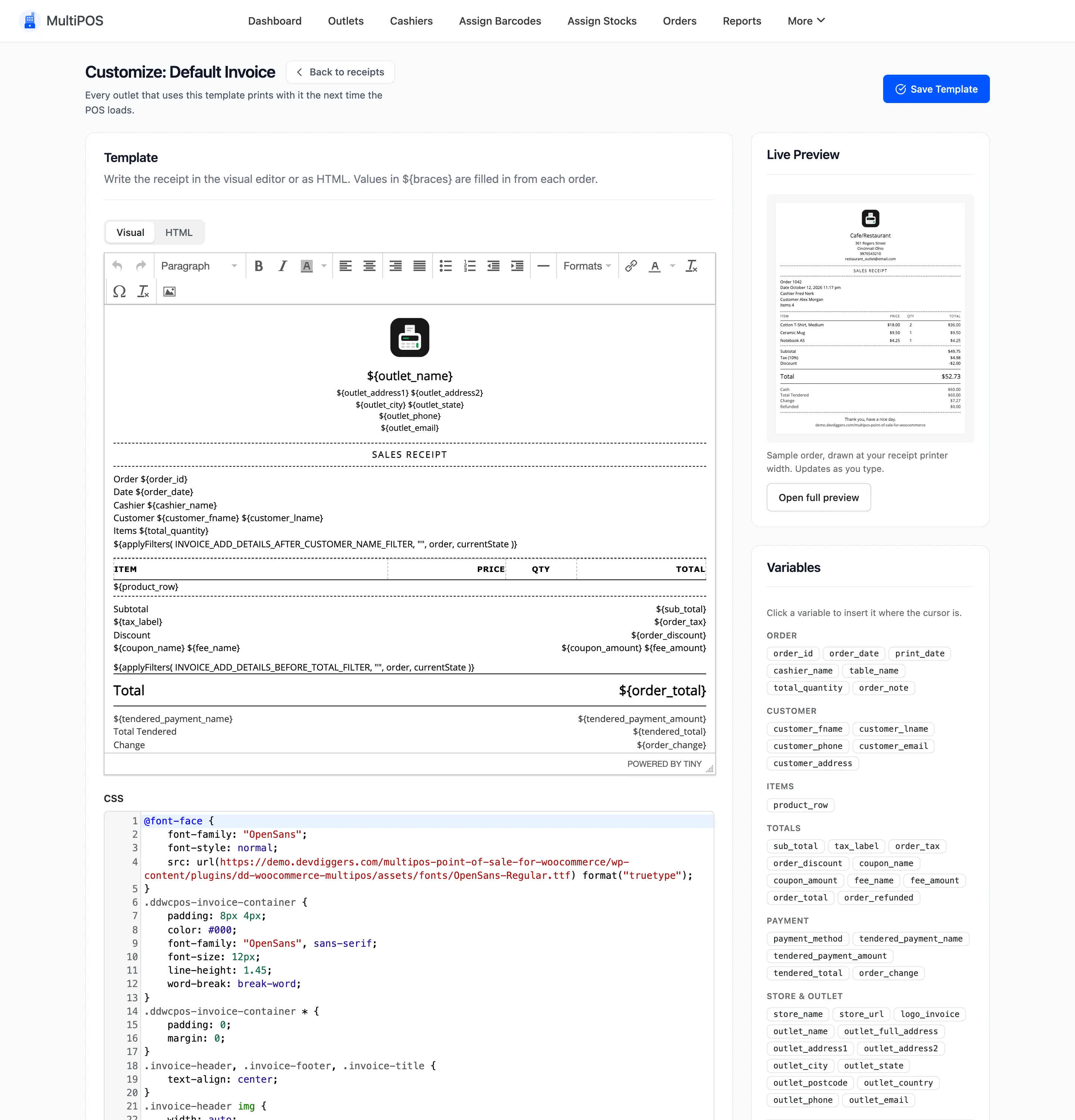 The template editor with the visual editor, the CSS box, the Live Preview and the Variables list
