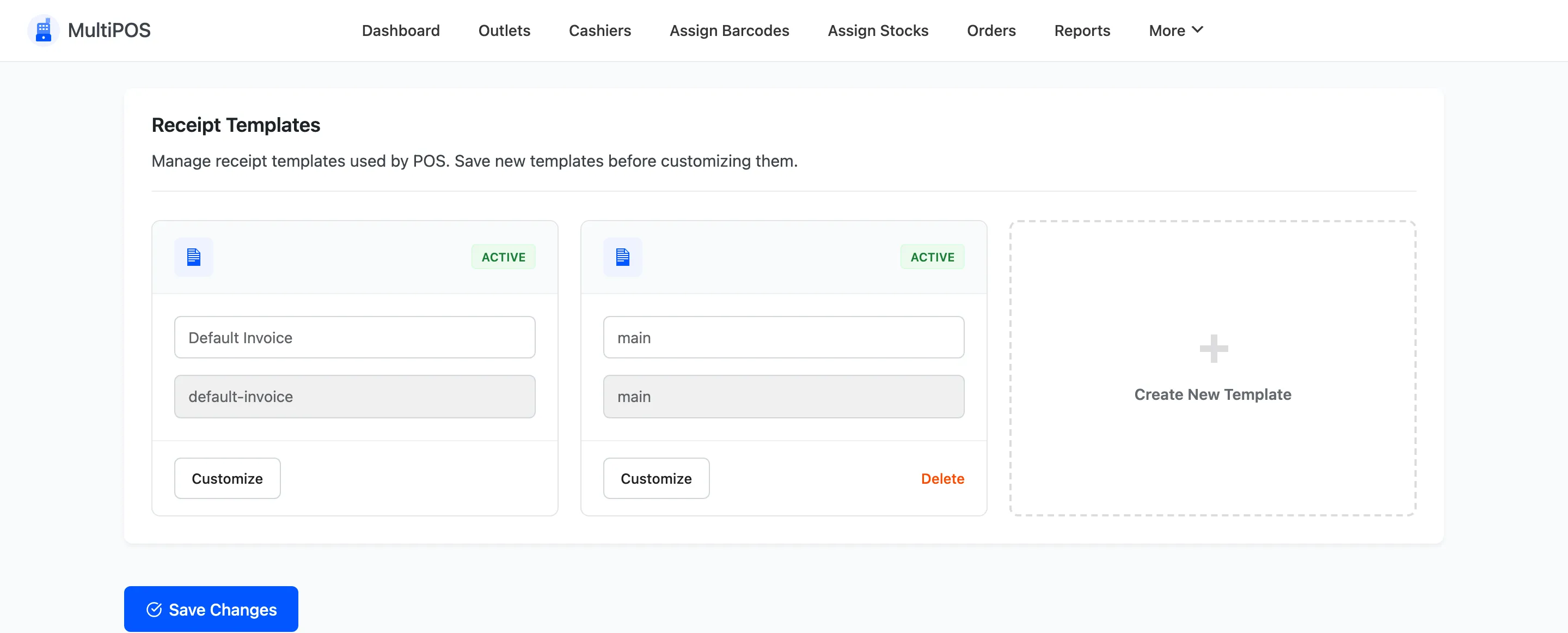 The receipt templates screen with the default template card
