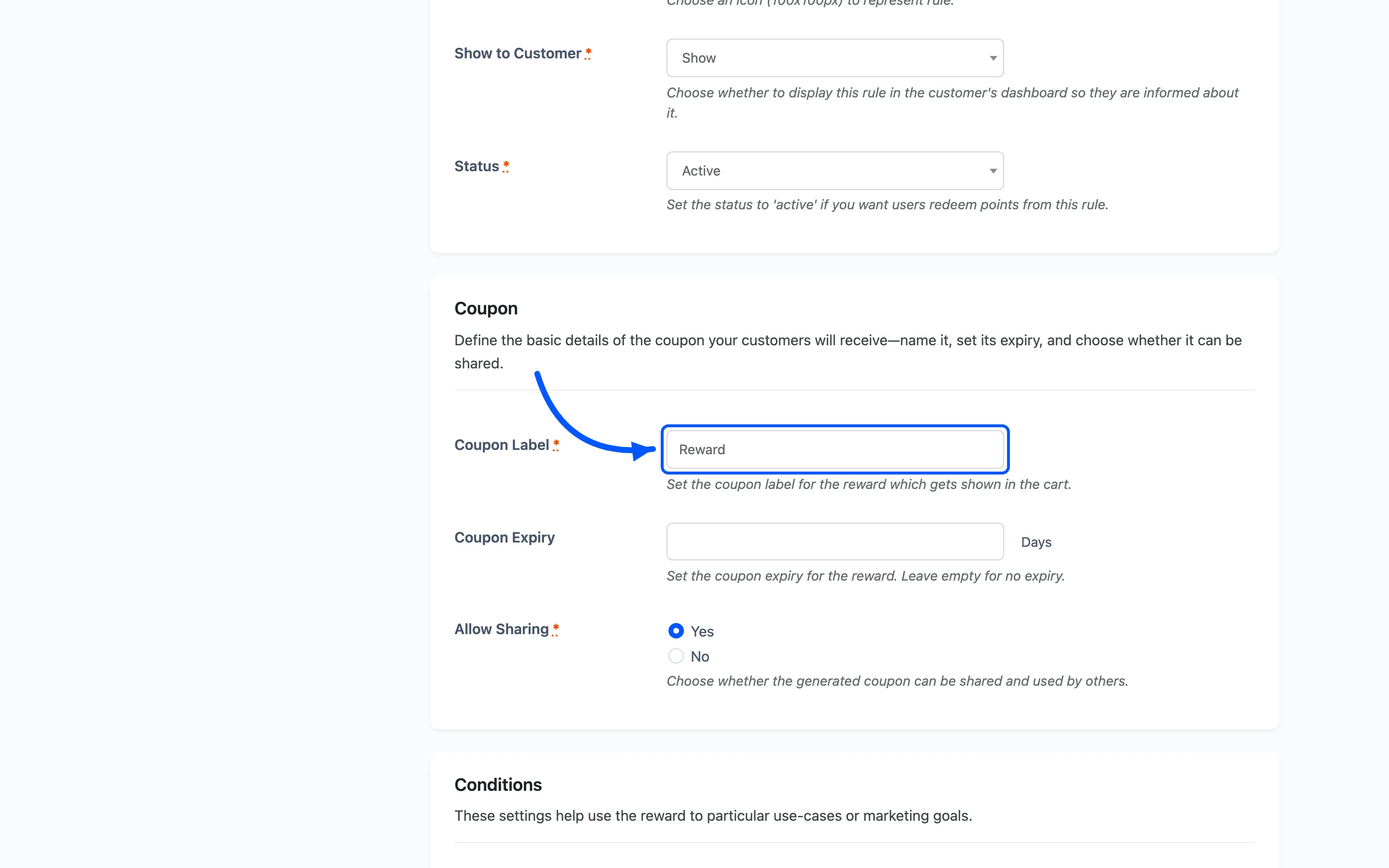 The redeeming rule coupon settings with the Coupon Label field marked