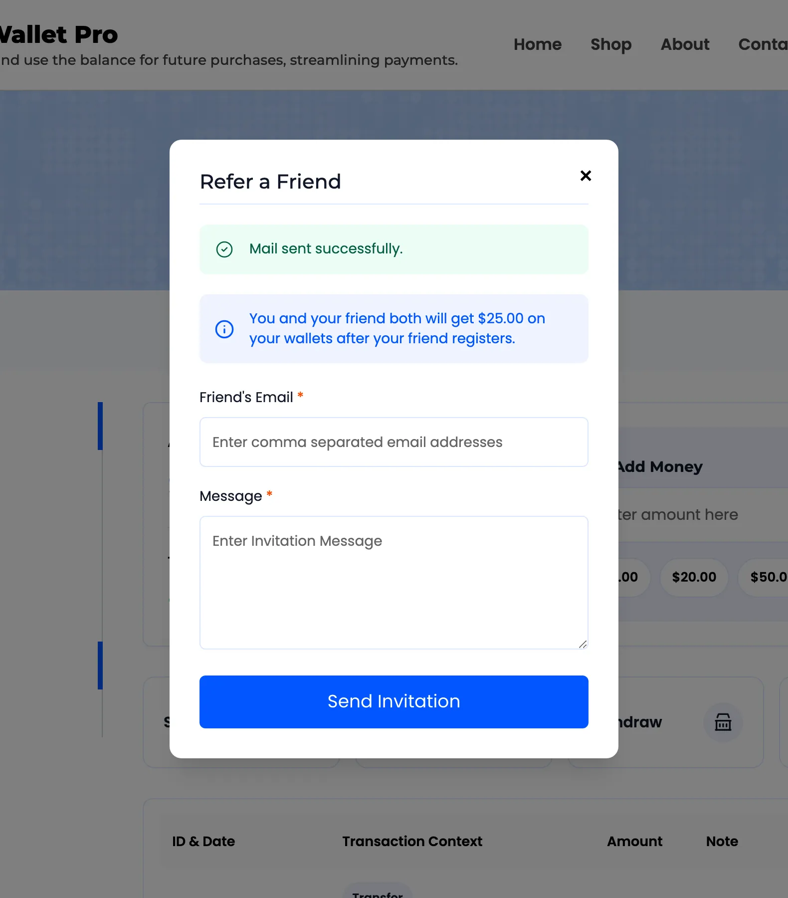 The Refer a Friend popup after an invitation has been sent