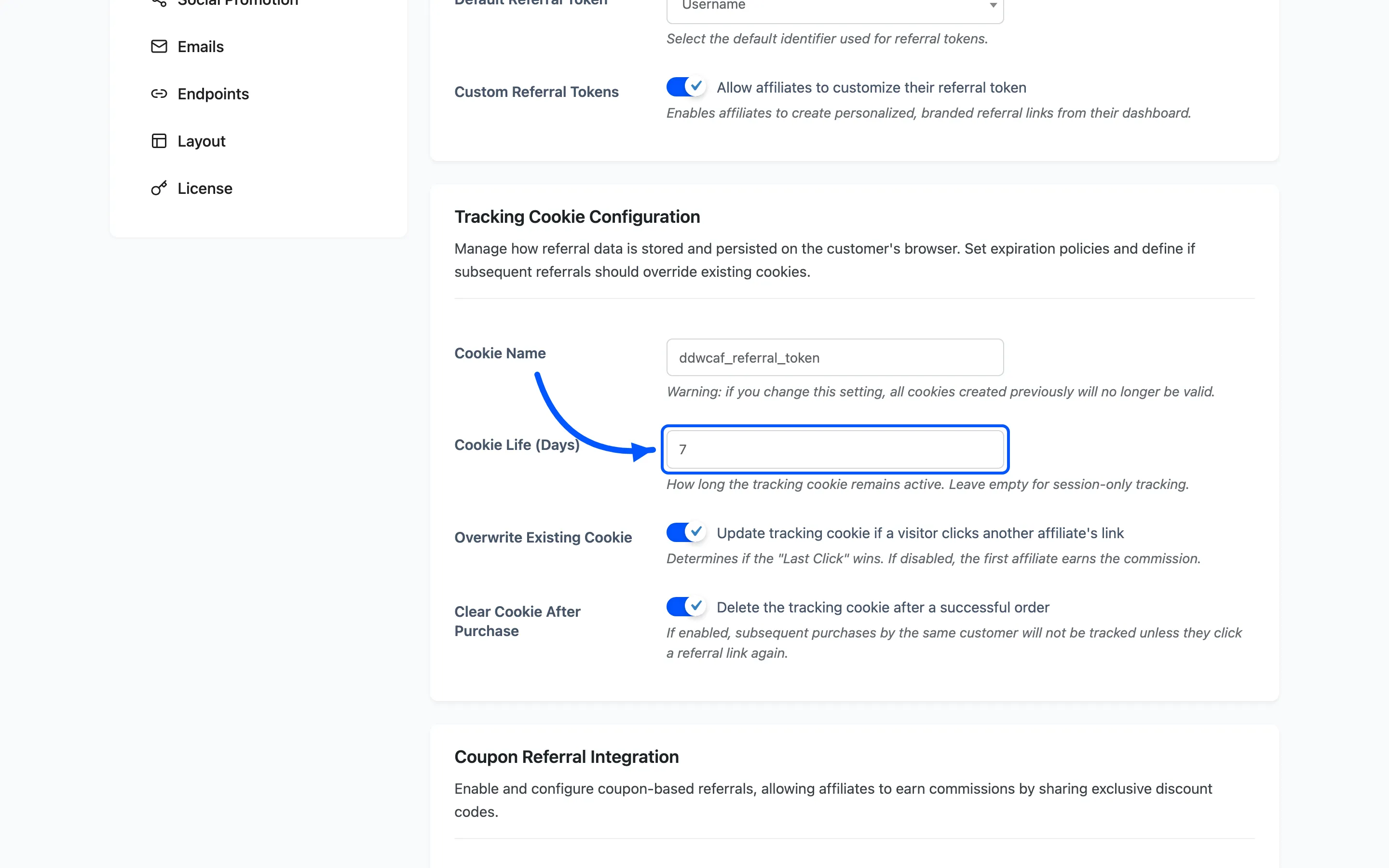 The Cookie Life field on the Referrals settings tab