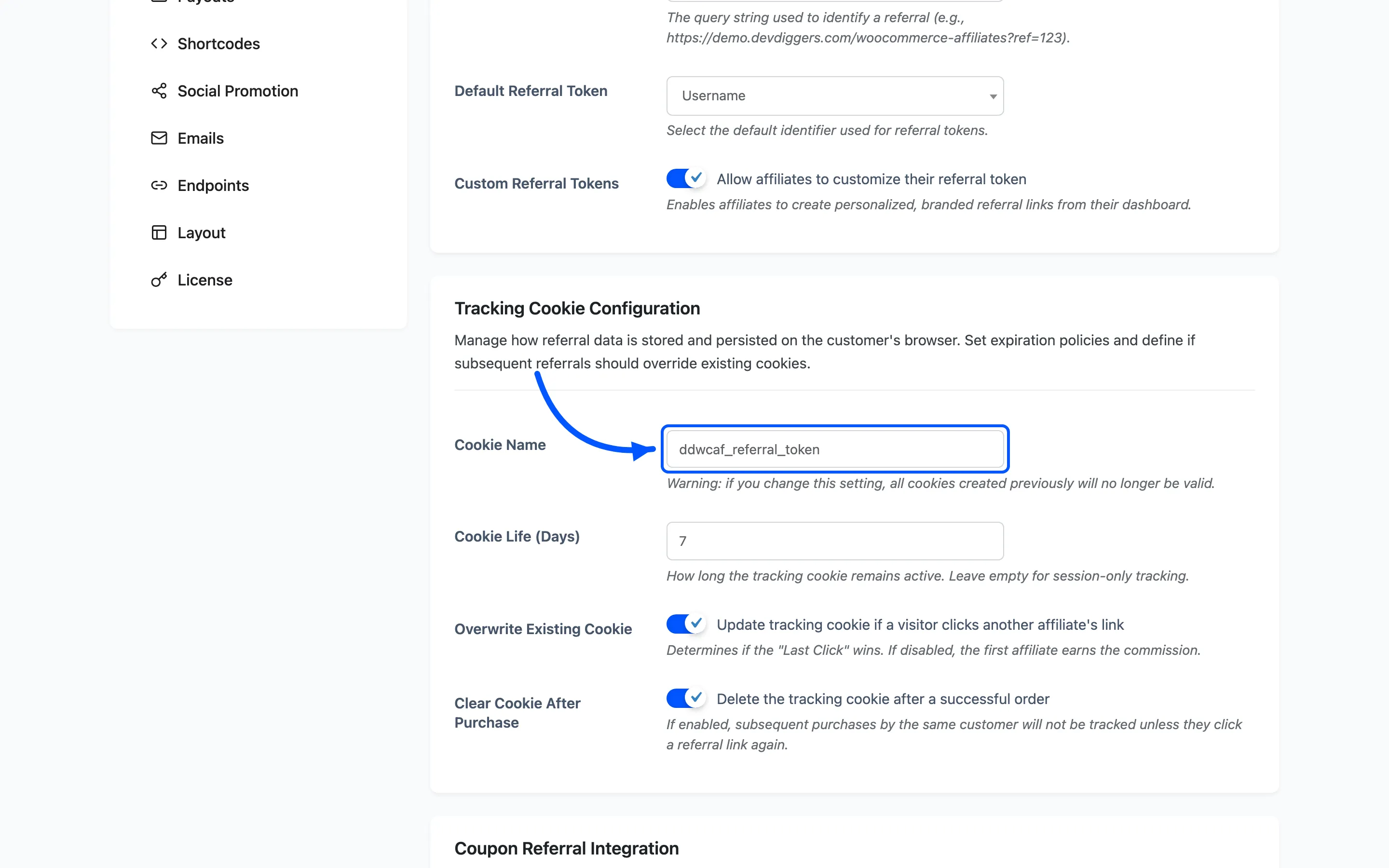 The Cookie Name field on the Referrals settings tab