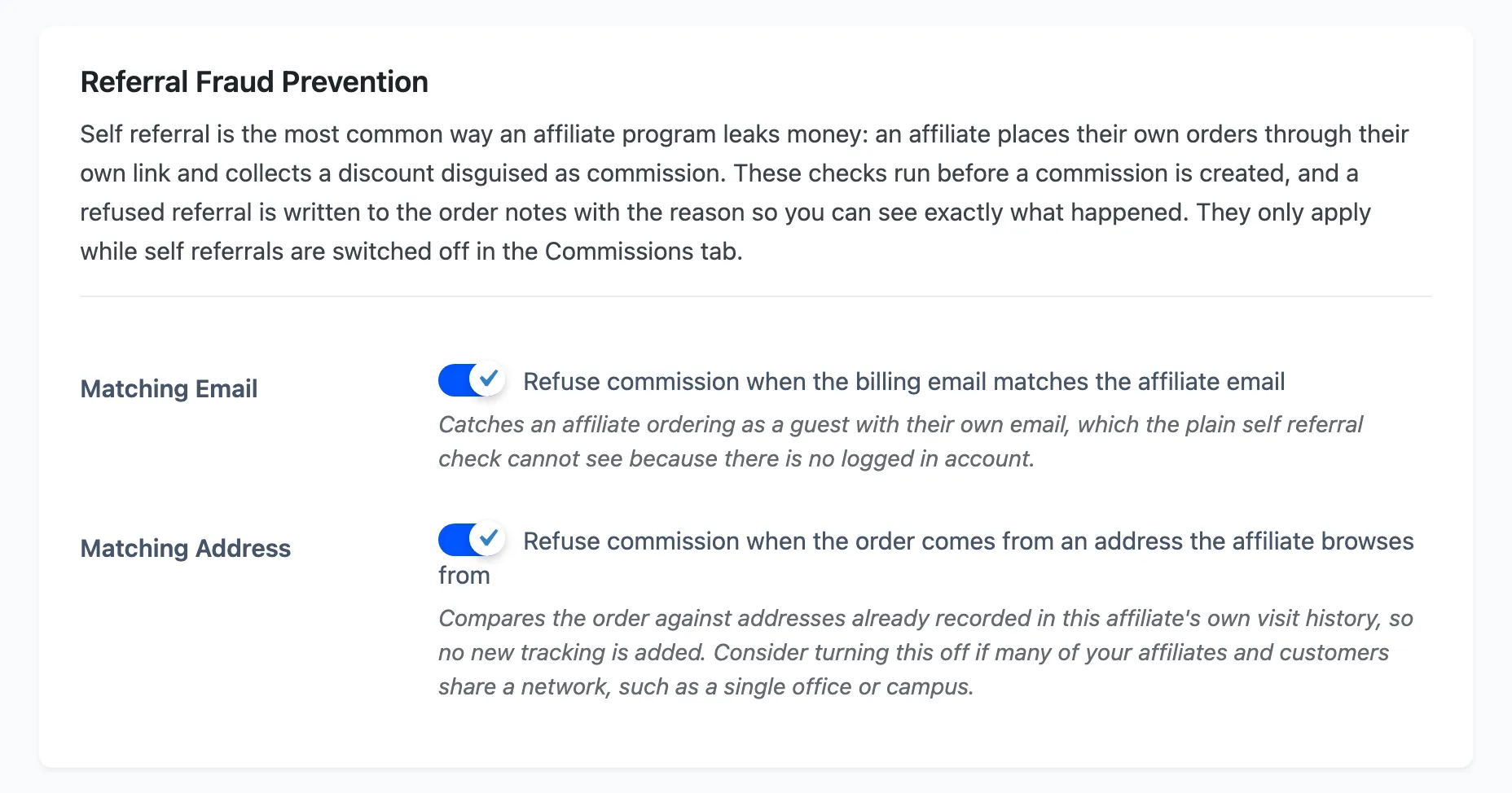 The Referral Fraud Prevention section of the Referrals settings tab