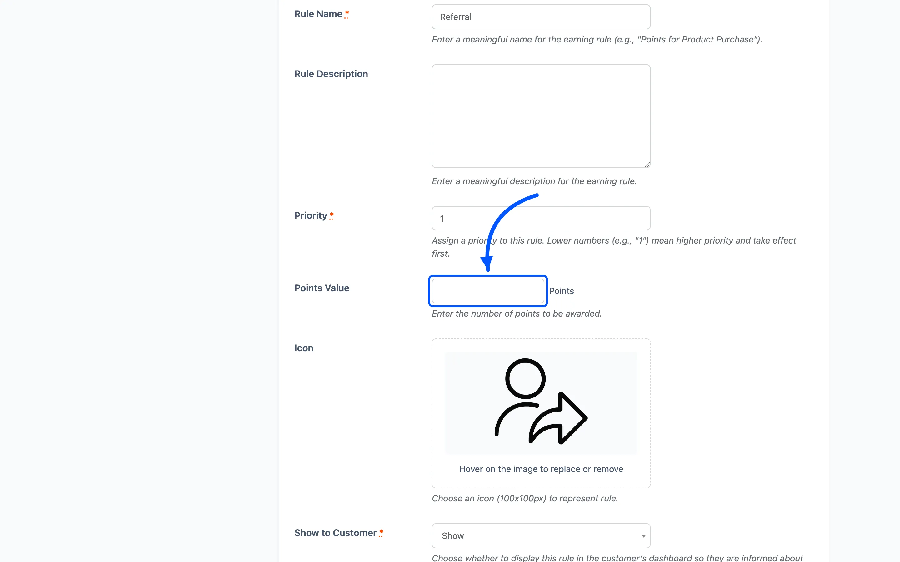 The referral rule form with the Points Value field marked