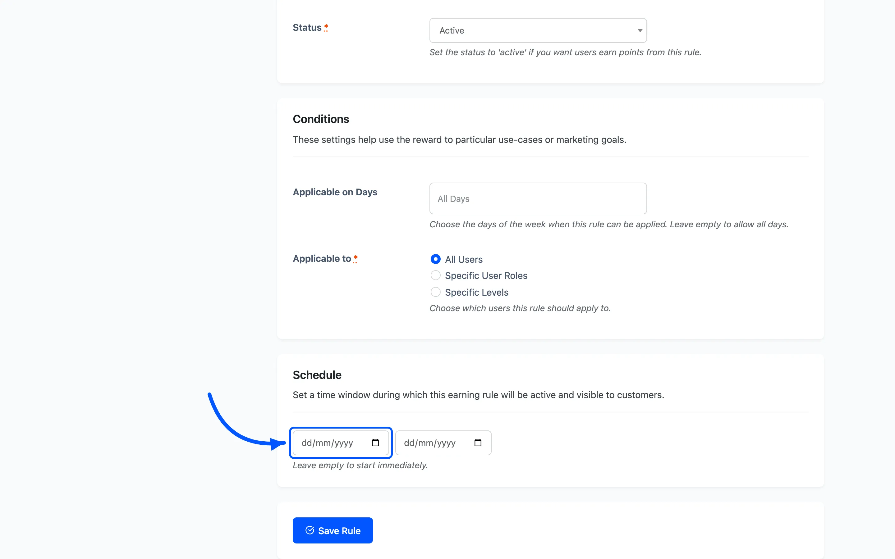 The referral rule Conditions and Schedule fields