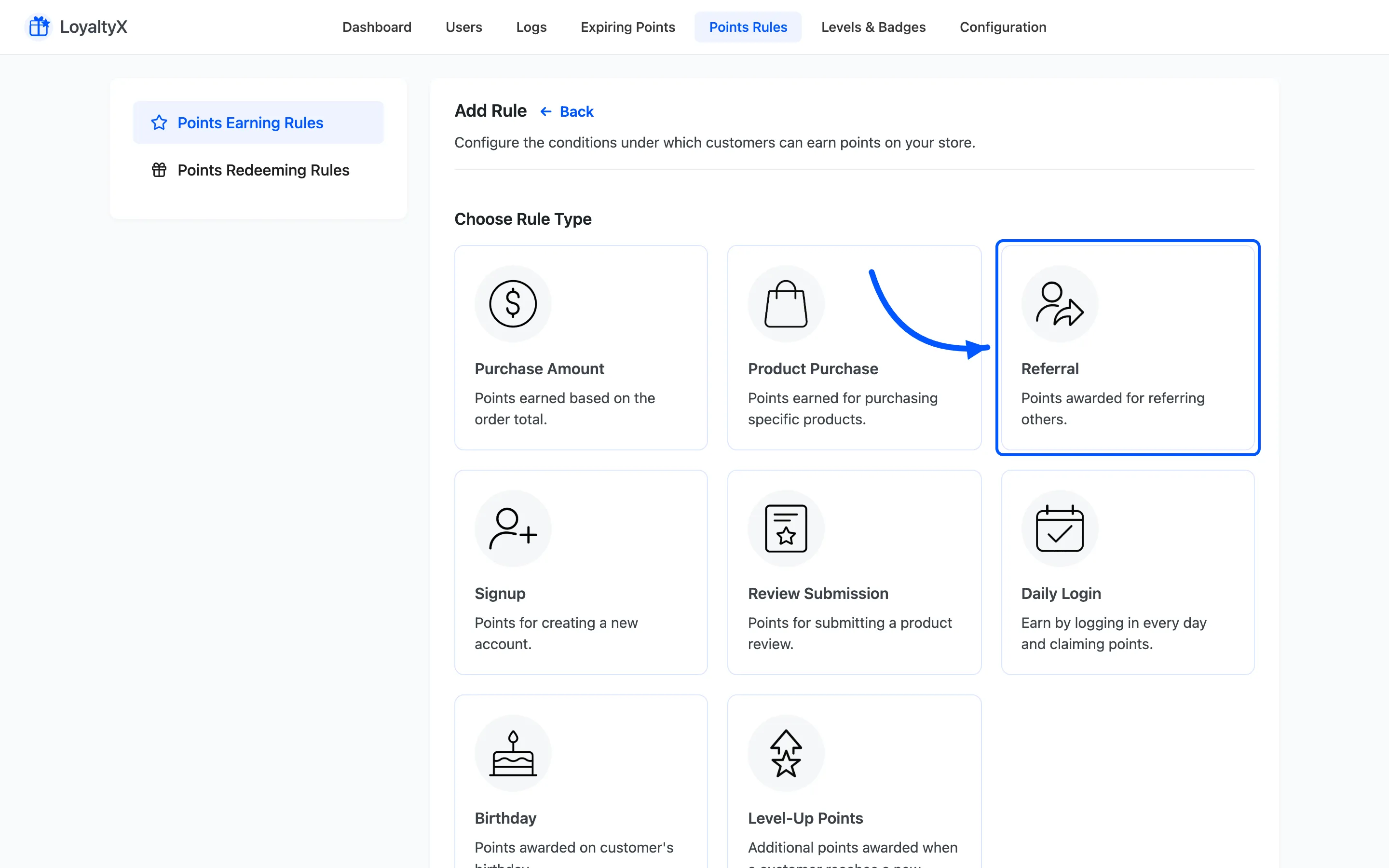 The Choose Rule Type screen with the Referral card selected