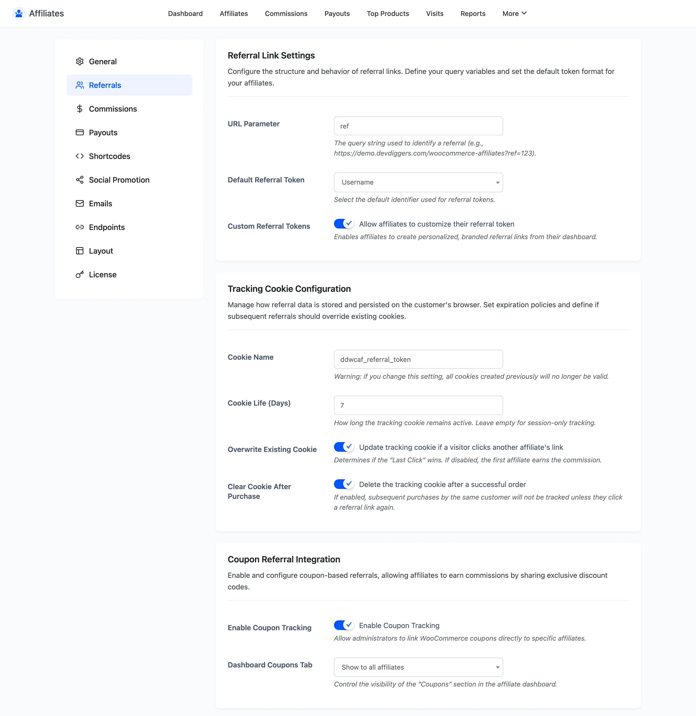 The Affiliates Referrals settings tab with link, cookie, coupon and visit sections