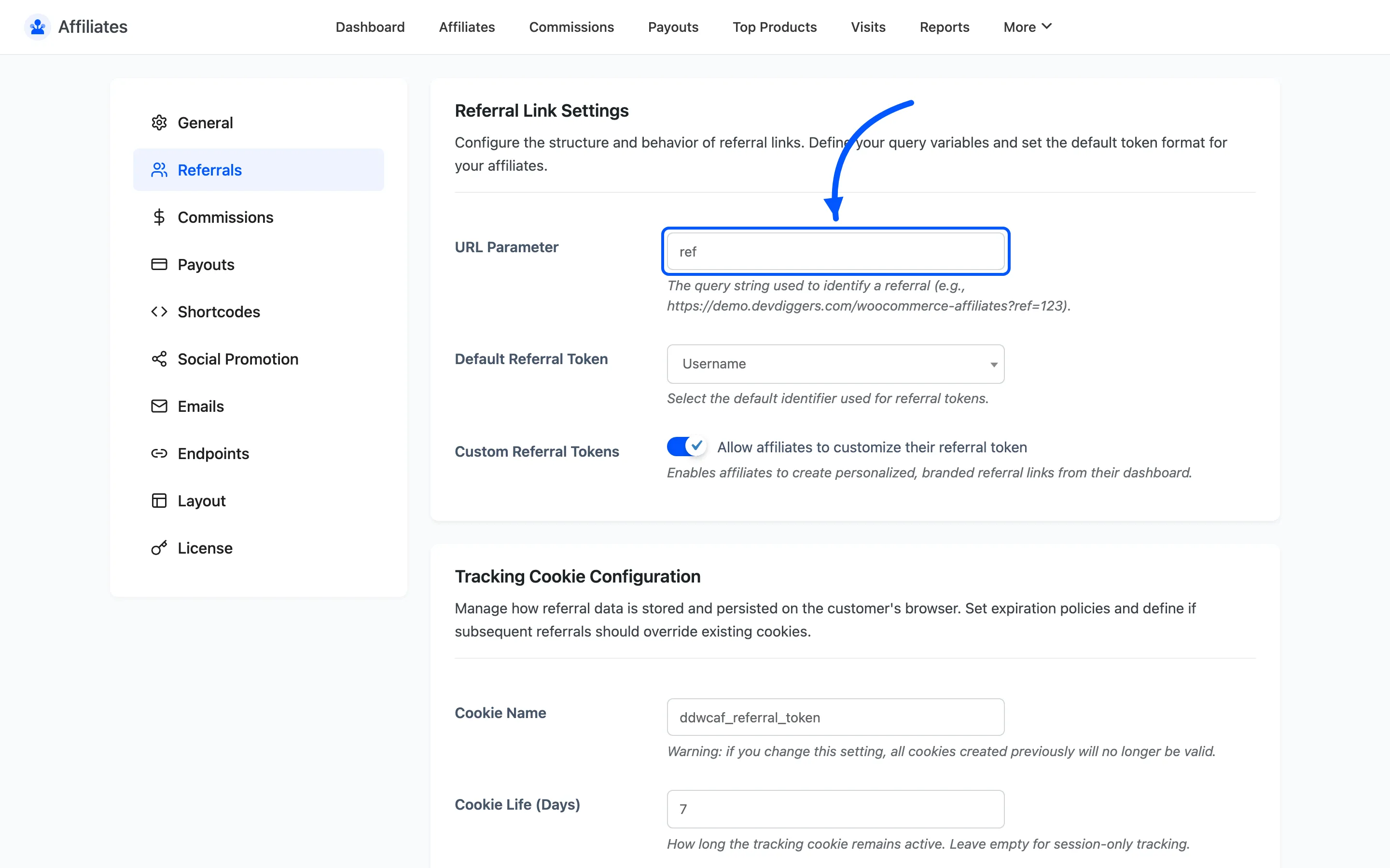 The URL Parameter field on the Referrals settings tab