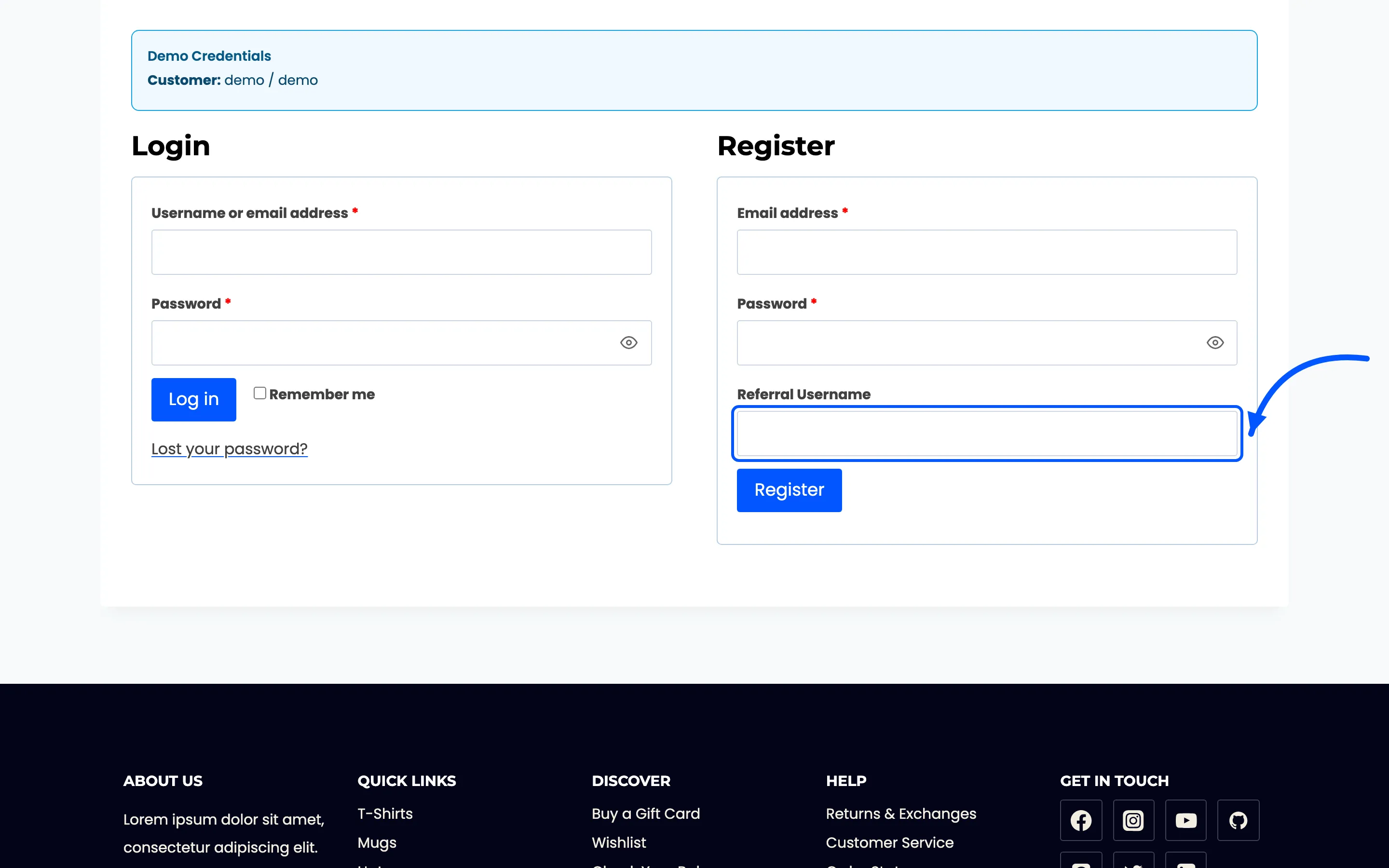 The Referral Username field on the registration form