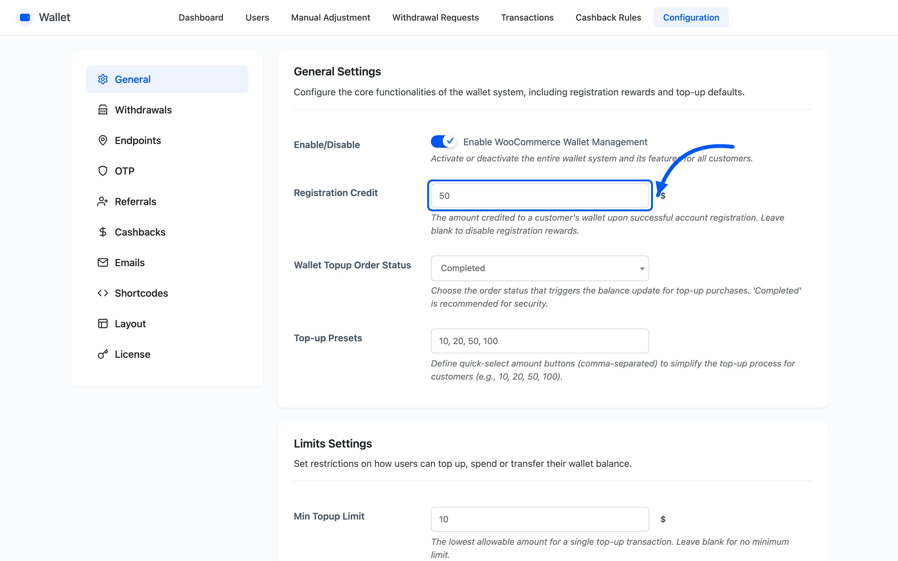 The Registration Credit field