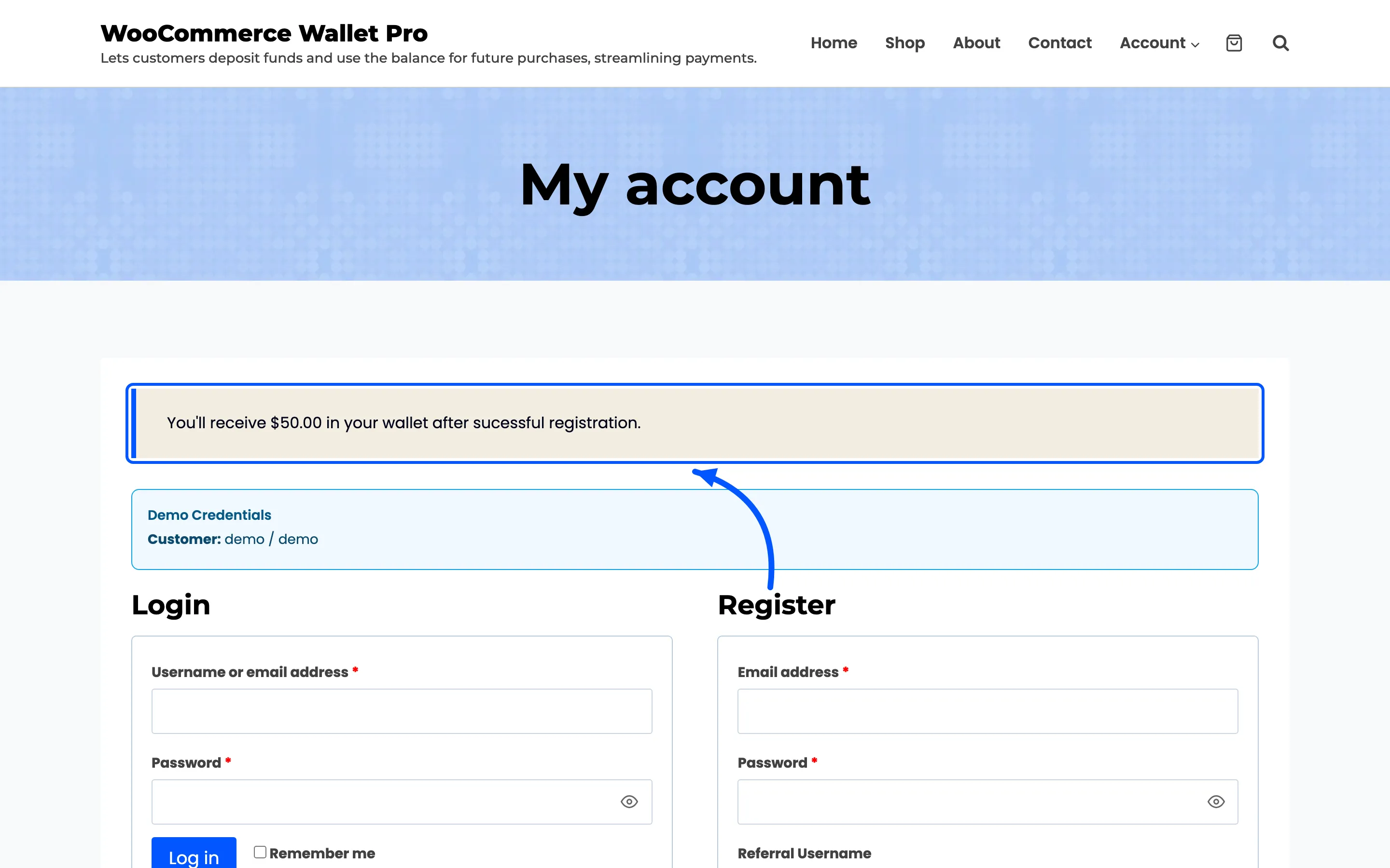 The registration page with the wallet signup credit notice above the forms
