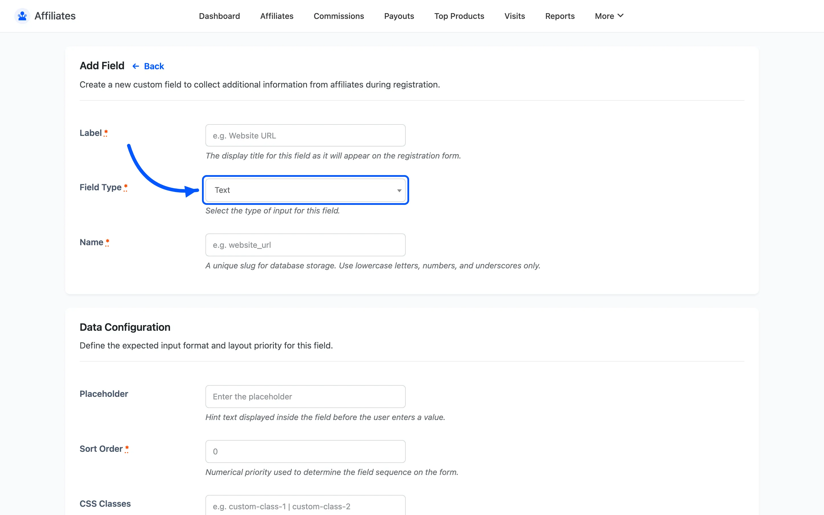 The Field Type dropdown on the Add Field form