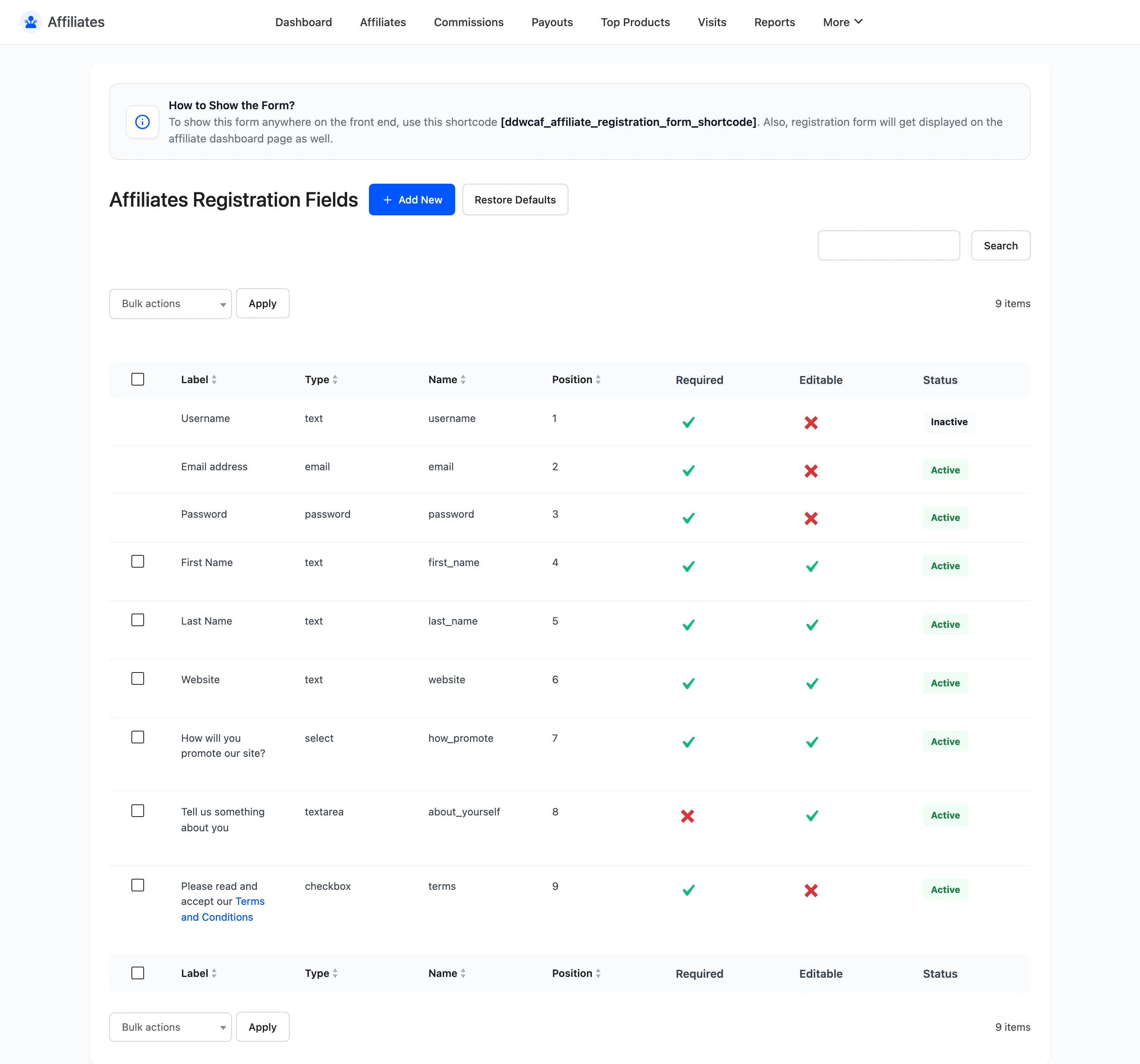 The Affiliates Registration Fields list with label, type, name, position, required, editable and status columns