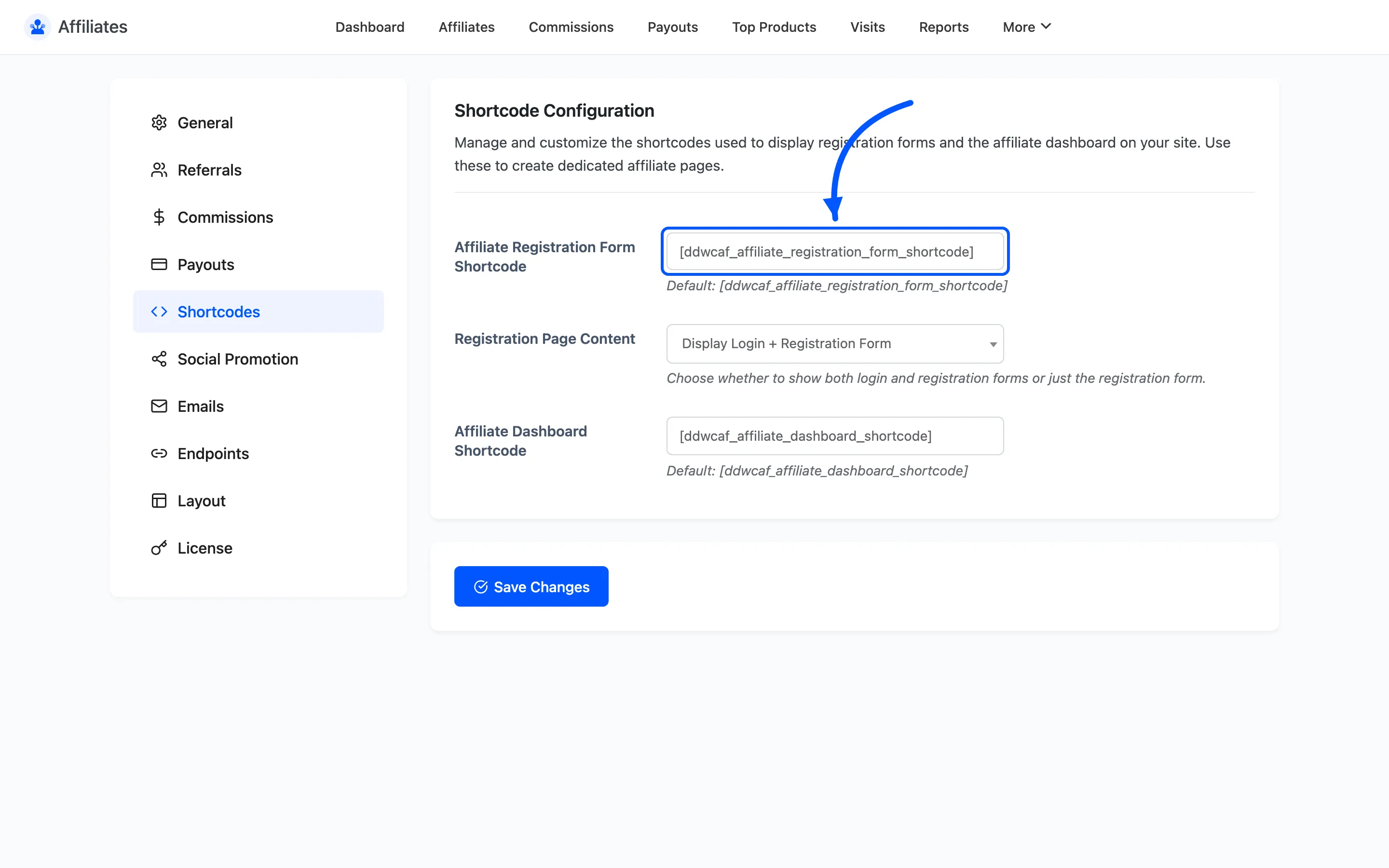 The Affiliate Registration Form Shortcode field on the Shortcodes settings tab