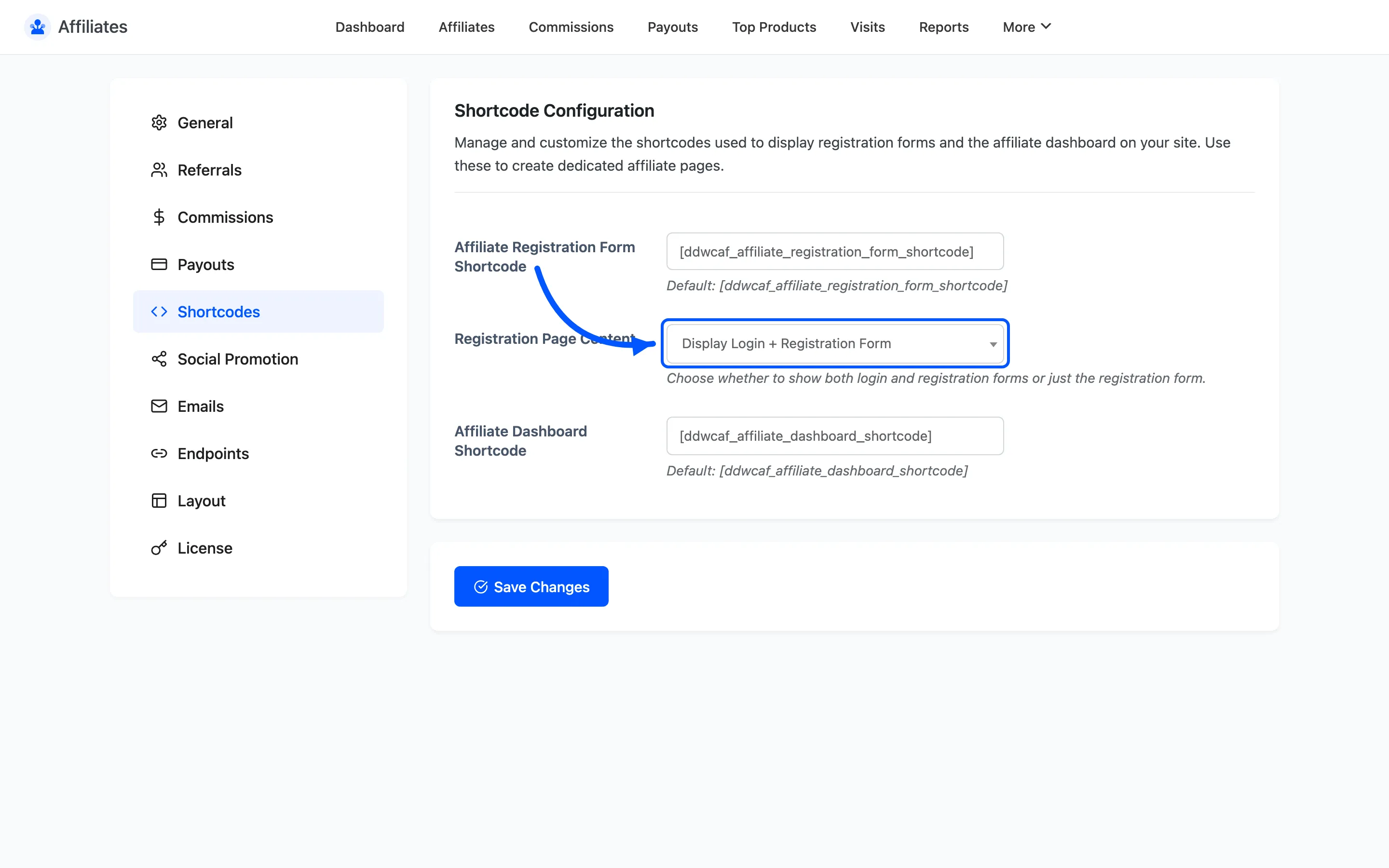 The Registration Page Content dropdown on the Shortcodes settings tab