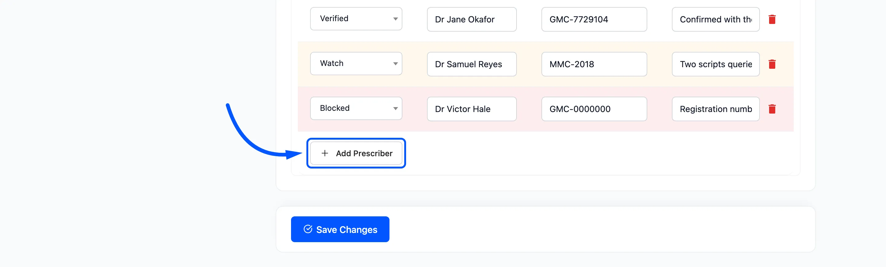 The Add Prescriber button under the registry