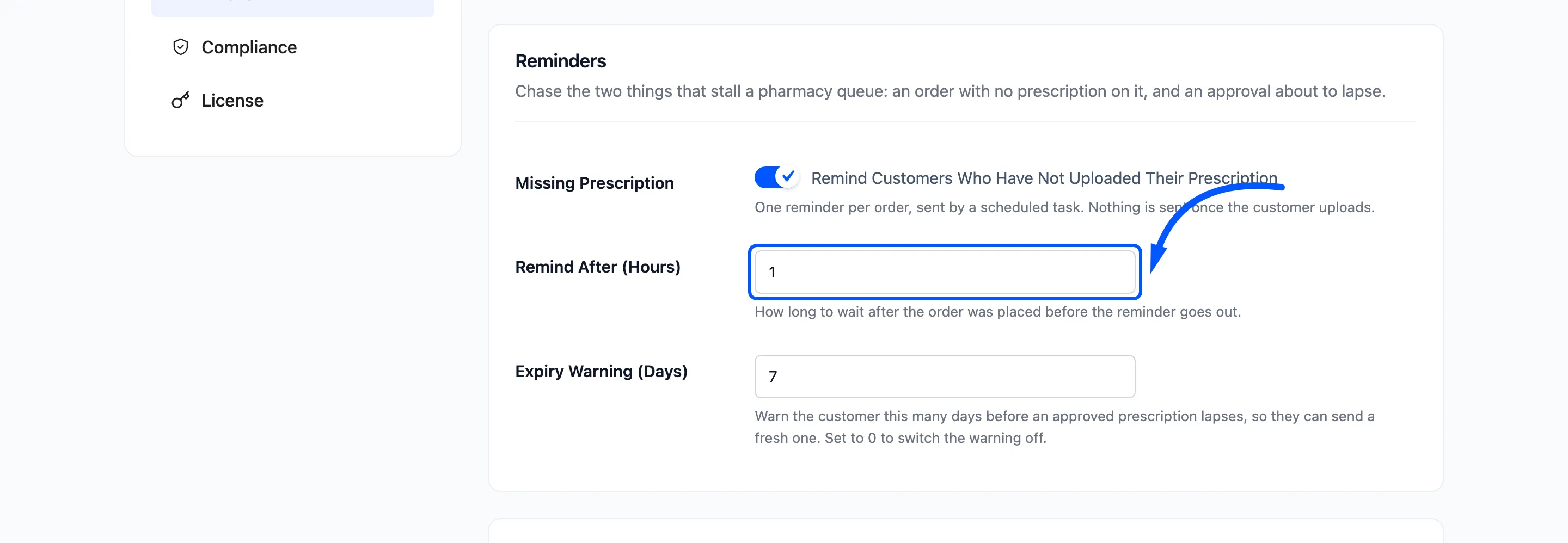The Missing Prescription switch, Remind After and Expiry Warning