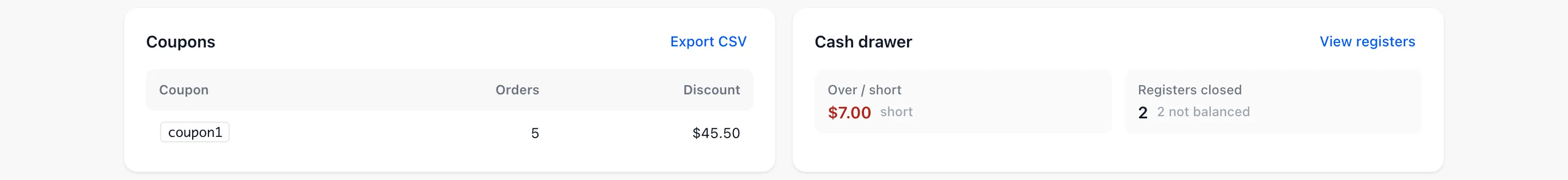 The Coupons table beside the Cash drawer card with the over or short total and registers closed