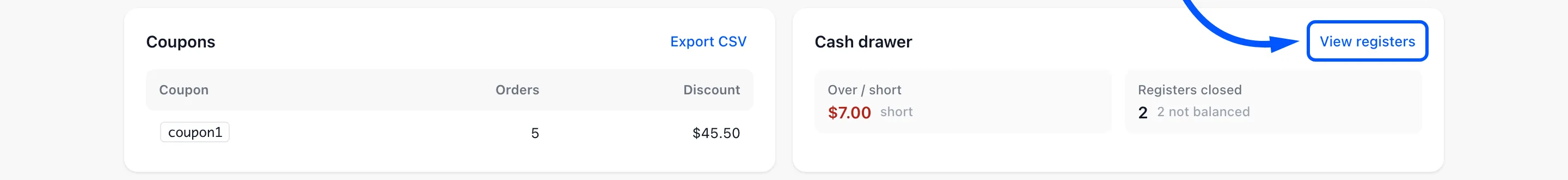 View registers boxed on the Cash drawer card, next to the Coupons table