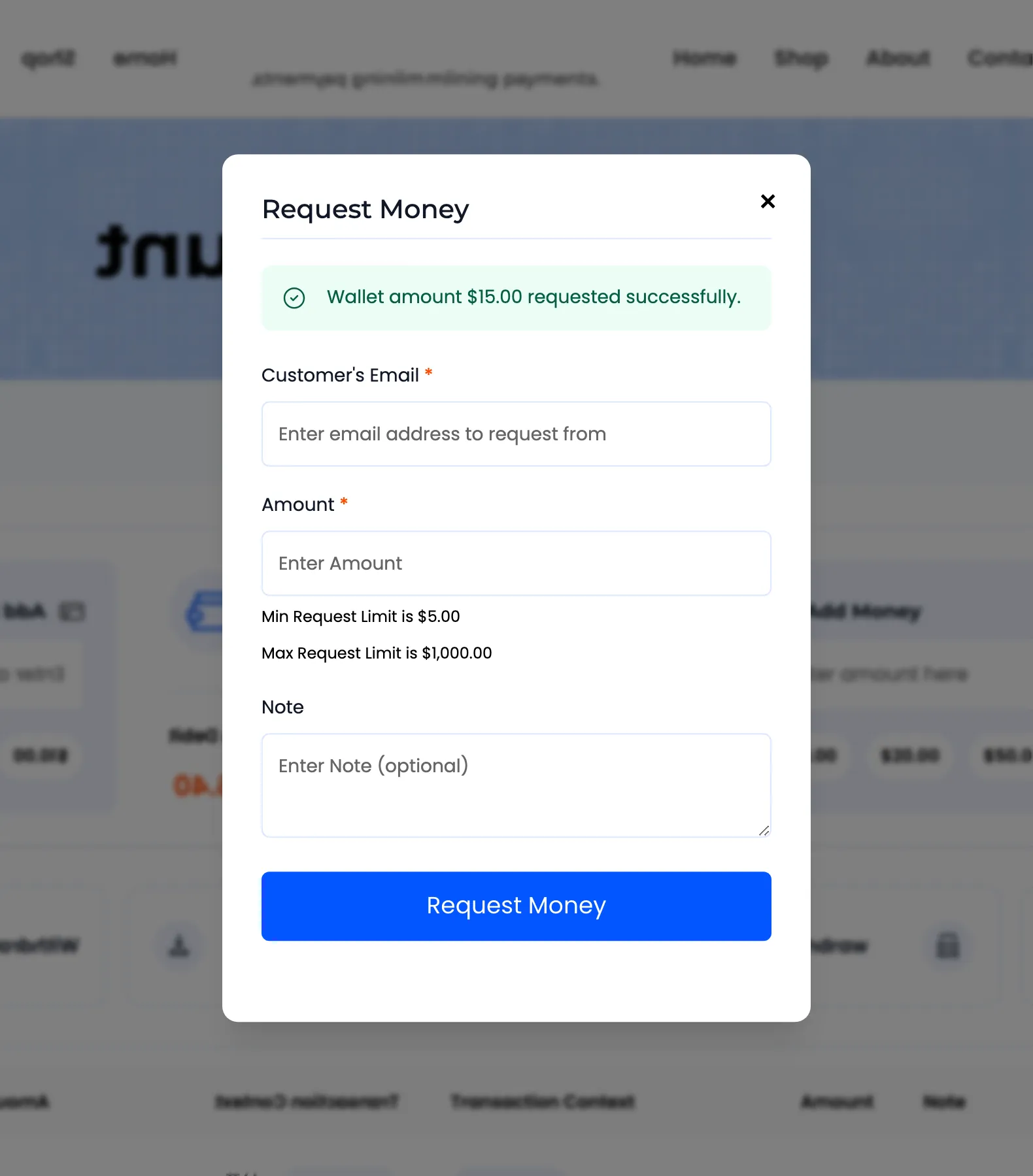 The Request Money popup confirming the request