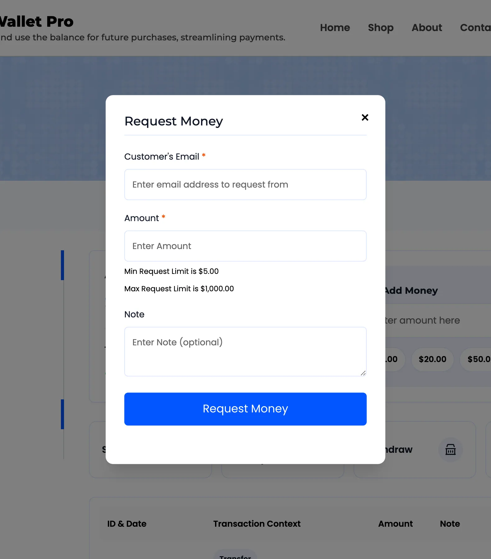 The Request Money popup