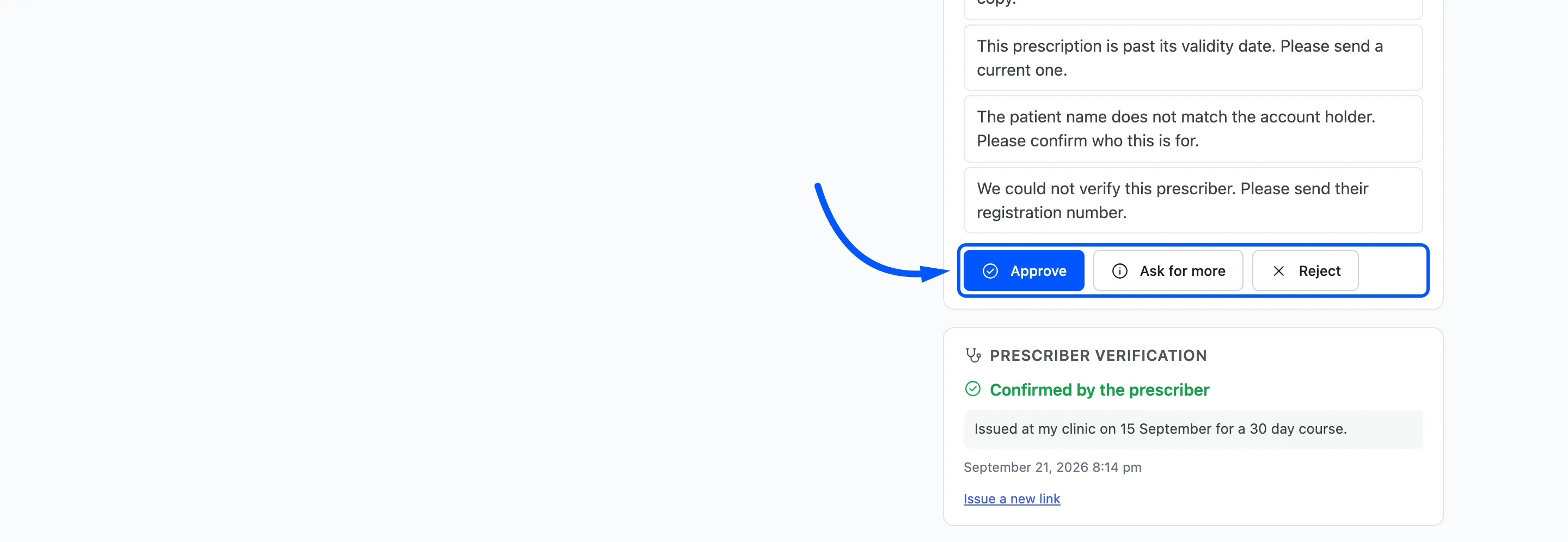 The Decision panel with the Approve, Ask for more and Reject buttons