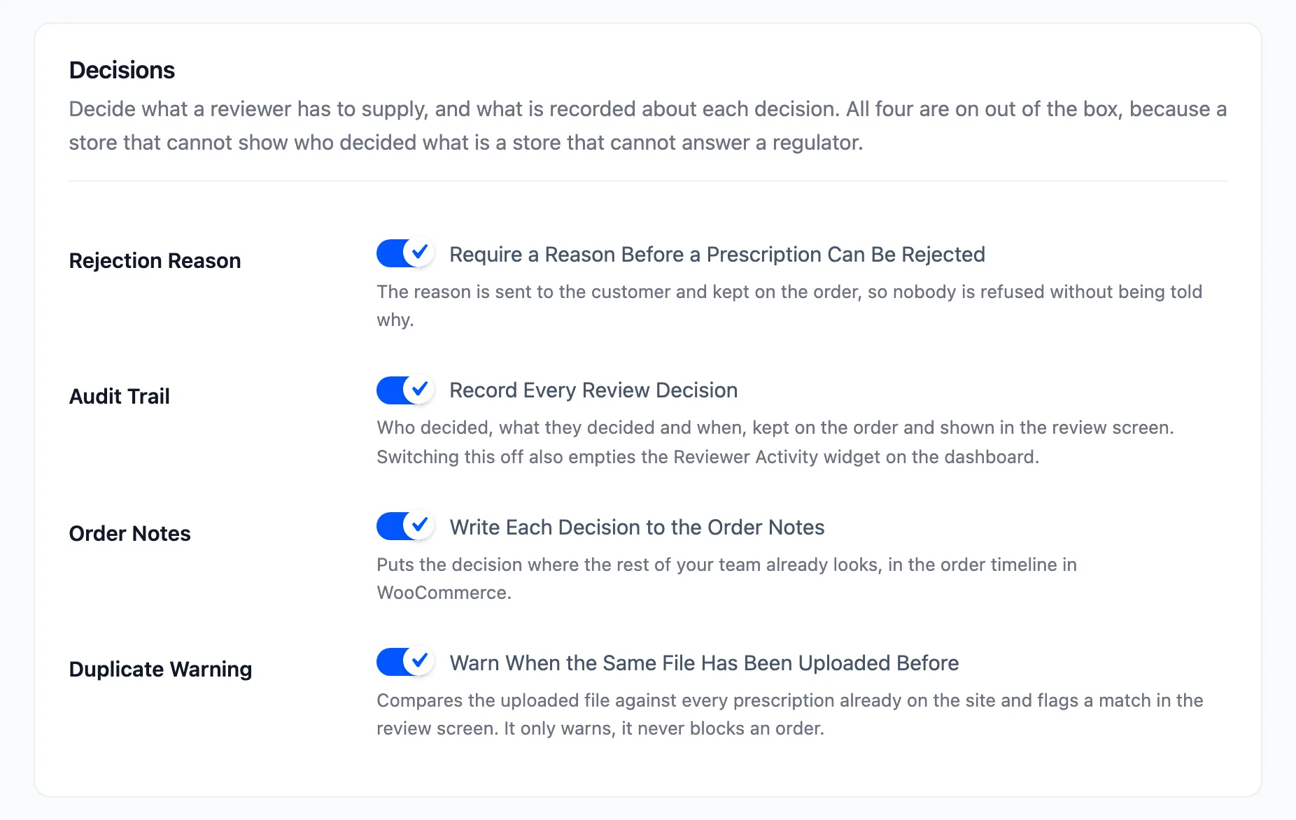 The Audit Trail switch among the decision settings