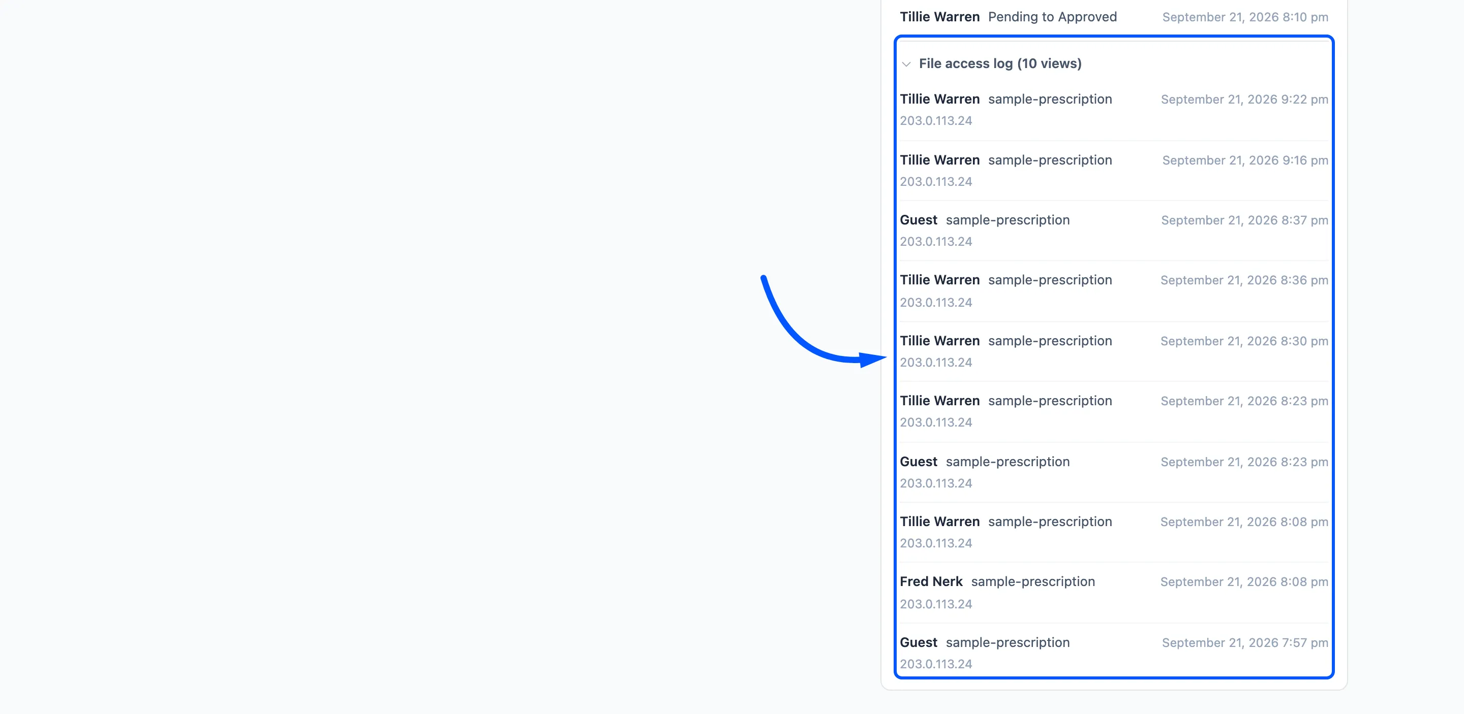 The expanded file access log listing who opened the file and when