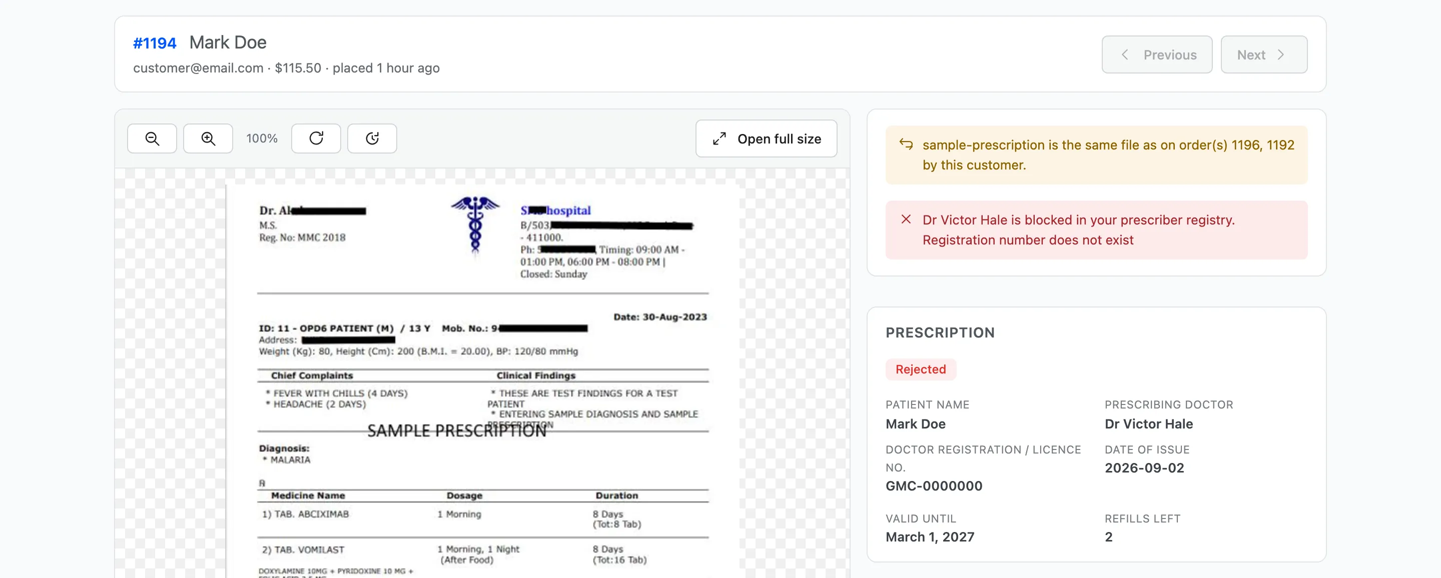 Two warnings: the same file on earlier orders, and a blocked prescriber