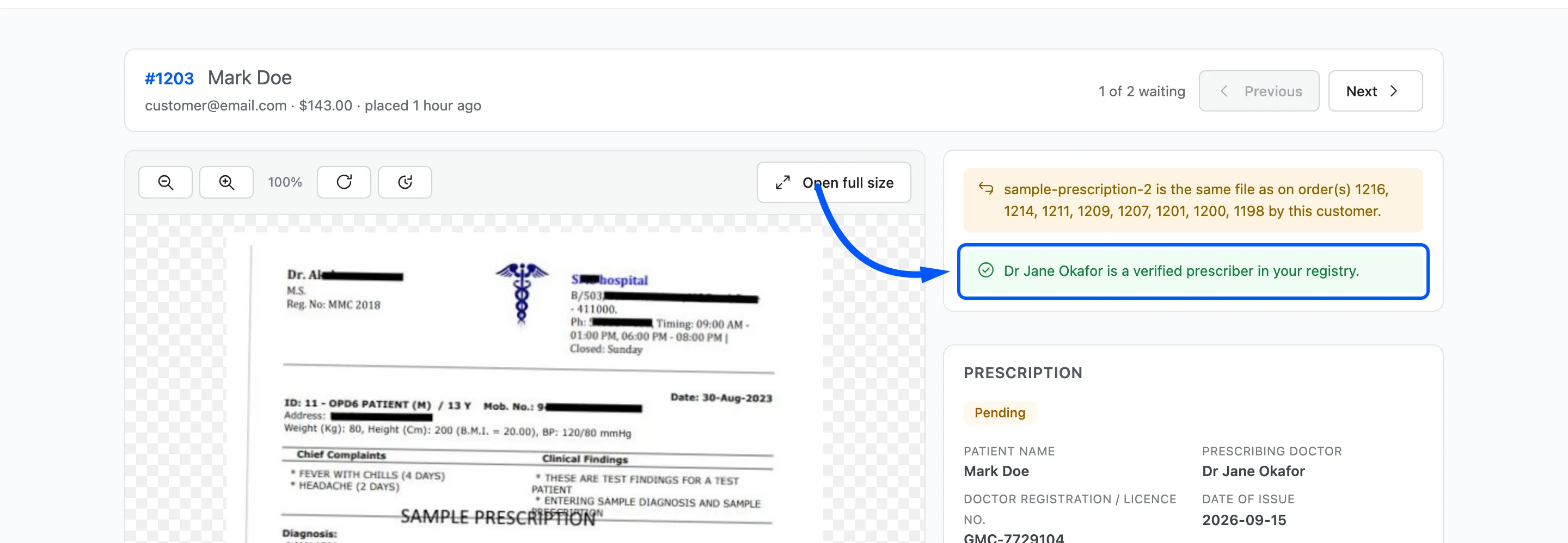 A green line saying the prescriber is verified in the registry