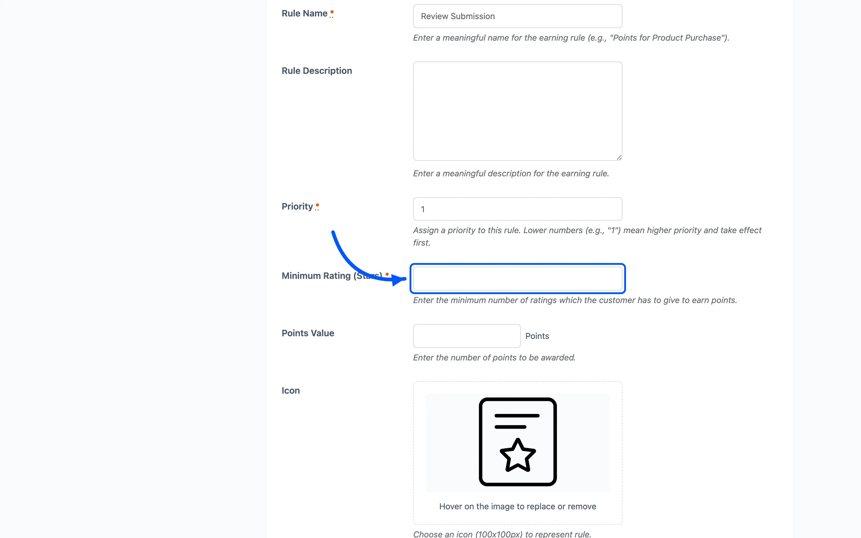 The review rule with the Minimum Rating field marked