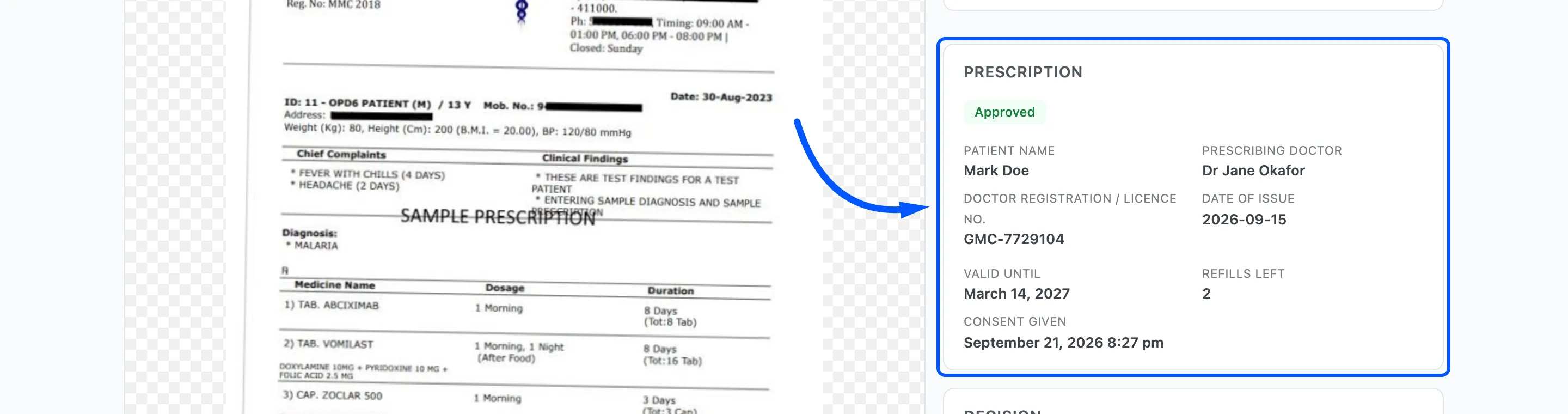 The Prescription panel with the status, the details, the validity, refills and consent