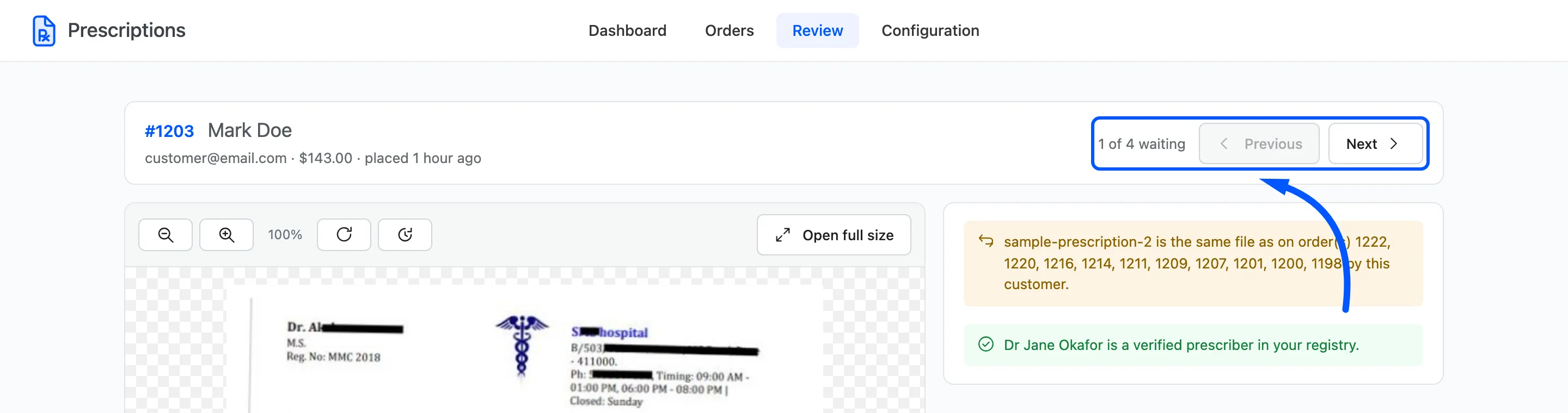 The header with the order number, the customer and the queue position