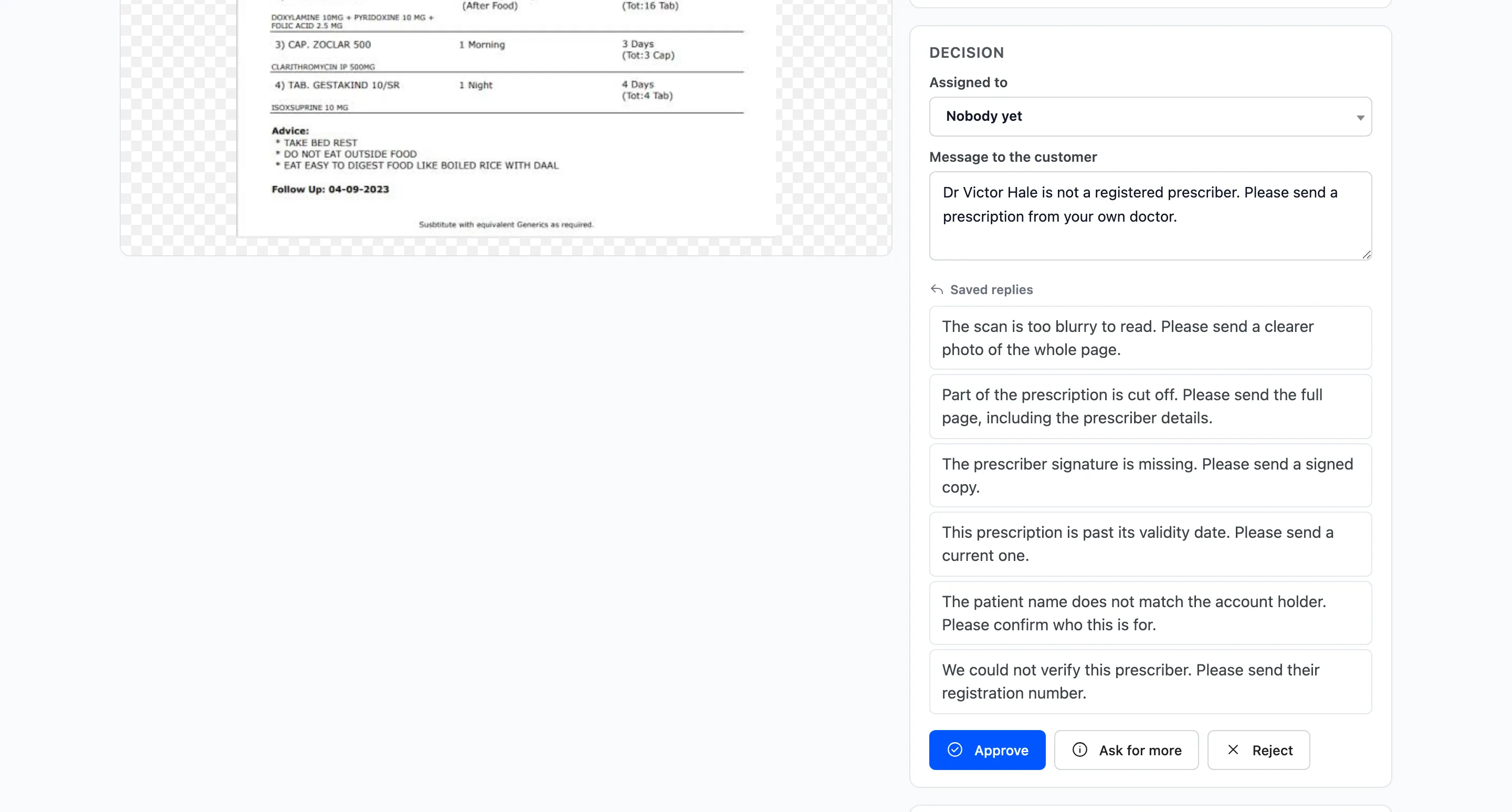 The Decision panel with a reason typed in the message box
